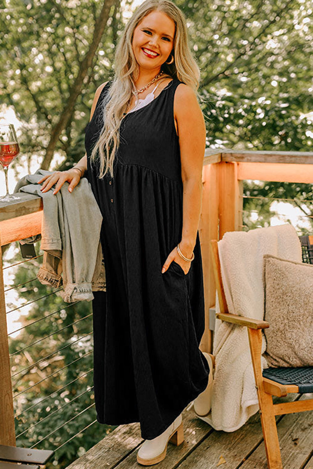 Black Plus Size Sleeveless Button Front Loose Jumpsuit 🇺🇲