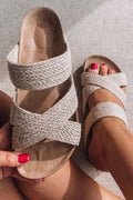 Beige Woven Cross Criss Hollowed Slip-On Slippers 🇨🇳