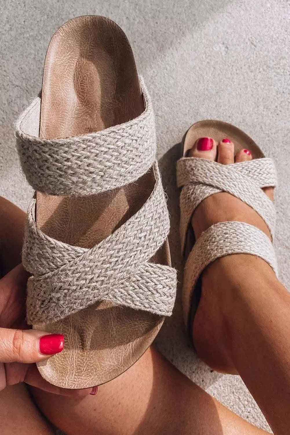 Beige Woven Cross Criss Hollowed Slip-On Slippers 🇨🇳