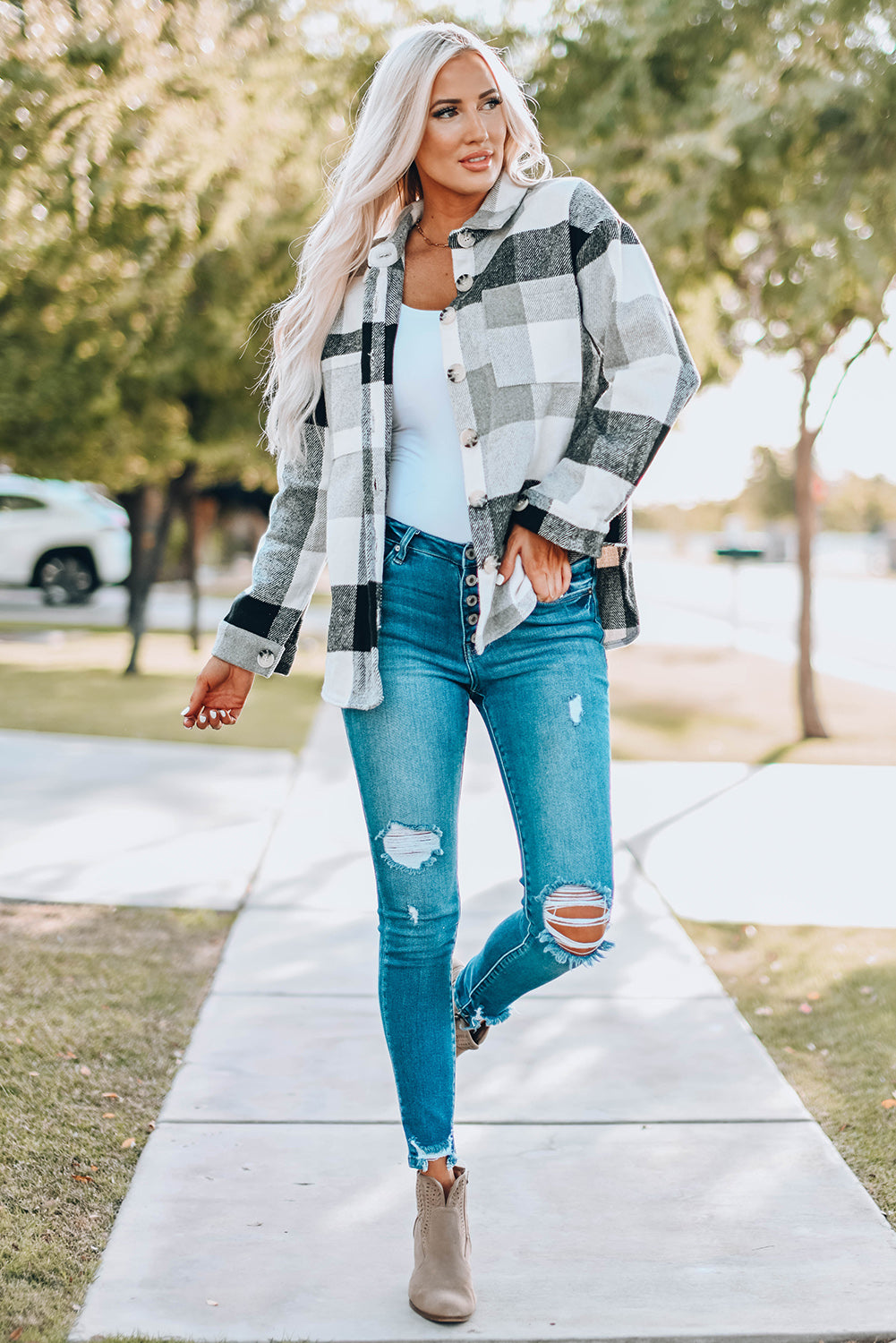 Gray Plaid Color Block Buttoned Long Sleeve Jacket with Pocket 🇺🇸
