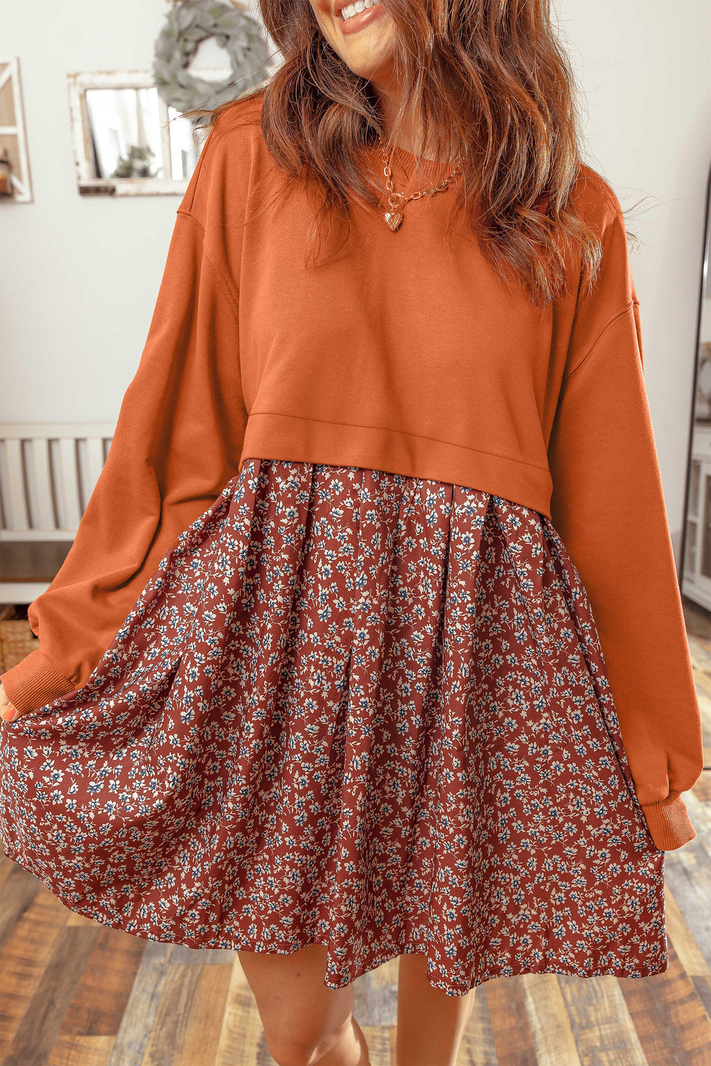Orange Solid Long Sleeve Top Patchwork Floral Flared 2-in-1 Mini Dress 🇺🇸