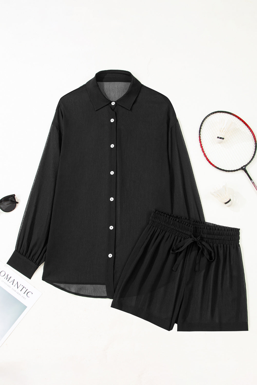 Black Sheer Tunic Shirt Drawstring Shorts 2pcs Swim Cover Up 🇺🇸
