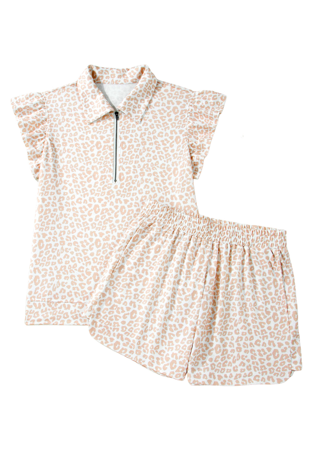 Beige Leopard Zip Polo Top 2pcs Short Set 🇺🇸
