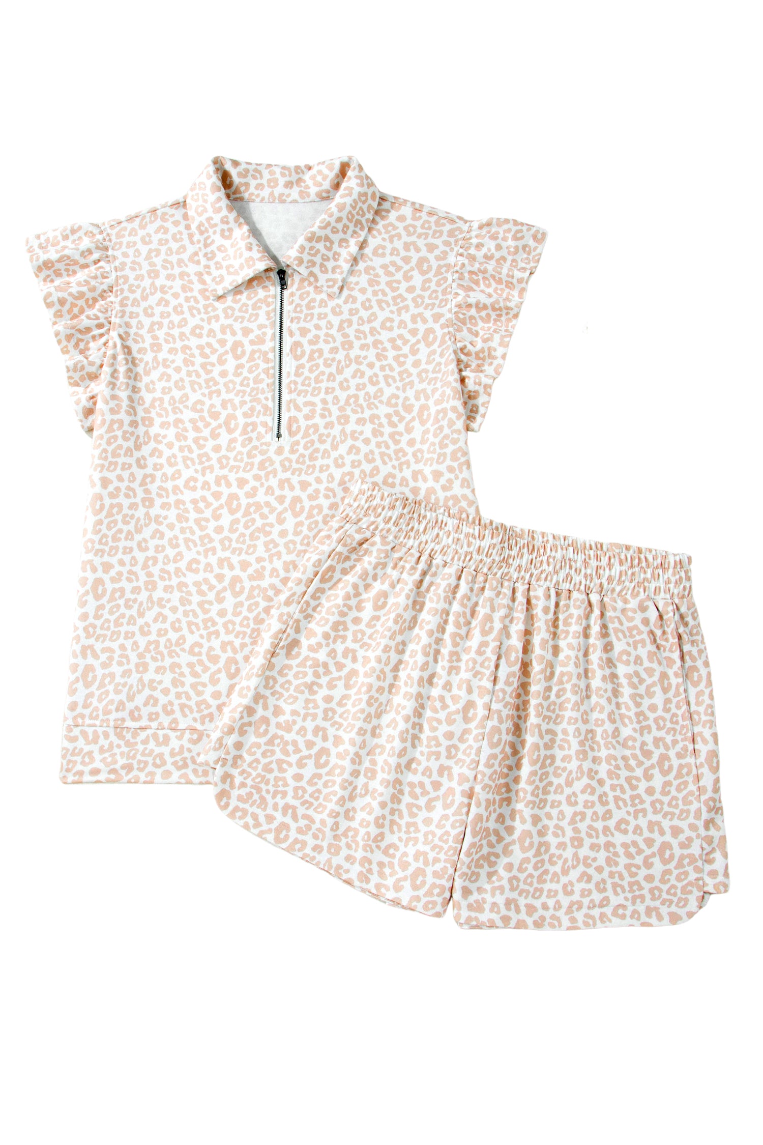 Beige Leopard Zip Polo Top 2pcs Short Set 🇺🇸