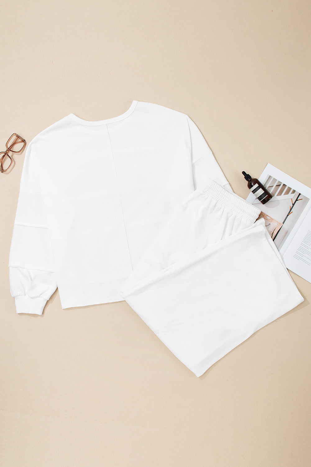 White Textured Raw Seam Plus Size Pullover Top and Drawstring Pants Set 🇺🇸
