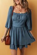 Real Teal Frilled Neckline 3/4 Sleeve Layered Ruched Mini Dress 🇺🇸