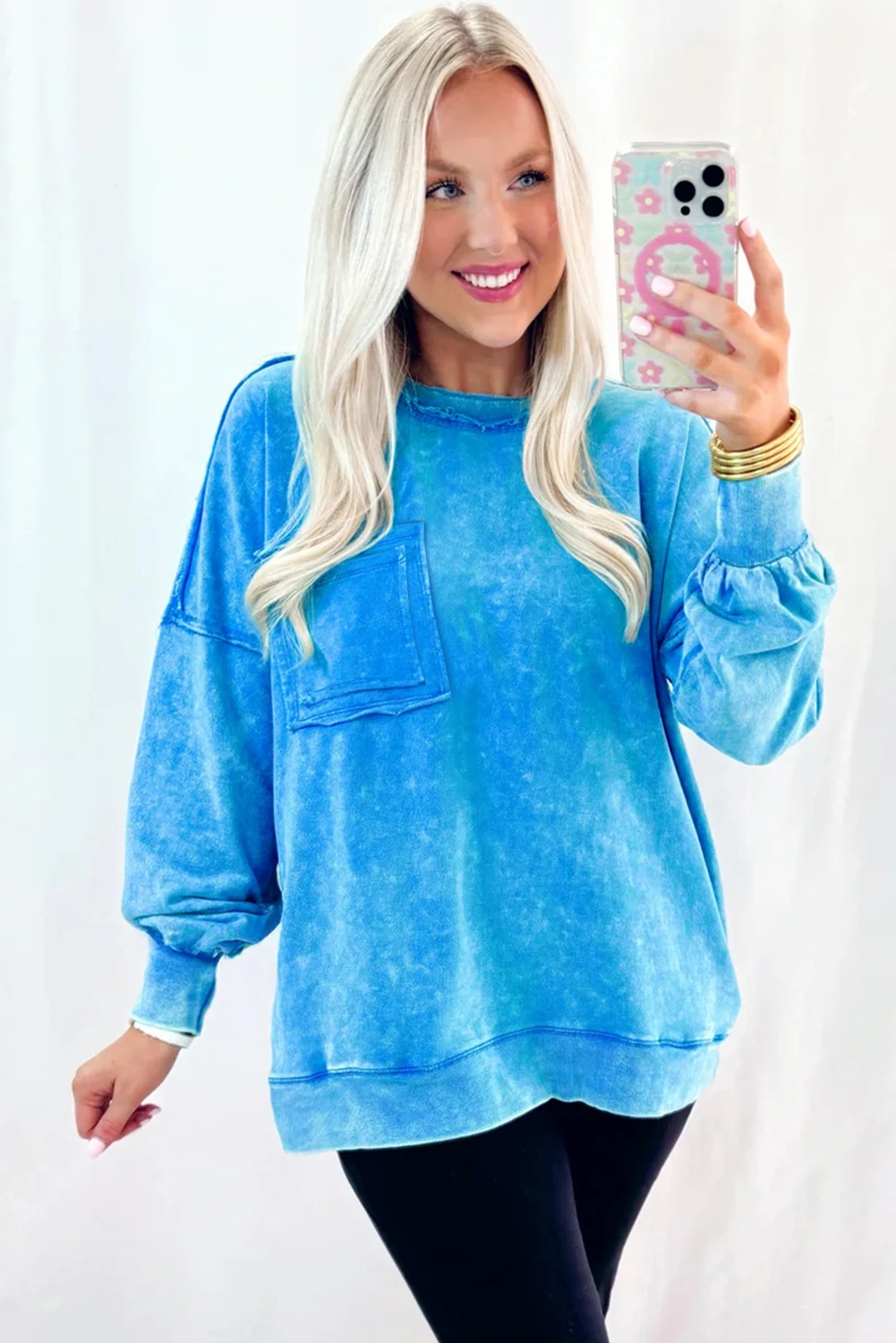 Blue Mineral Wash Raw Seam Double Patched Pocket Pullover Sweatshirt 🇺🇸