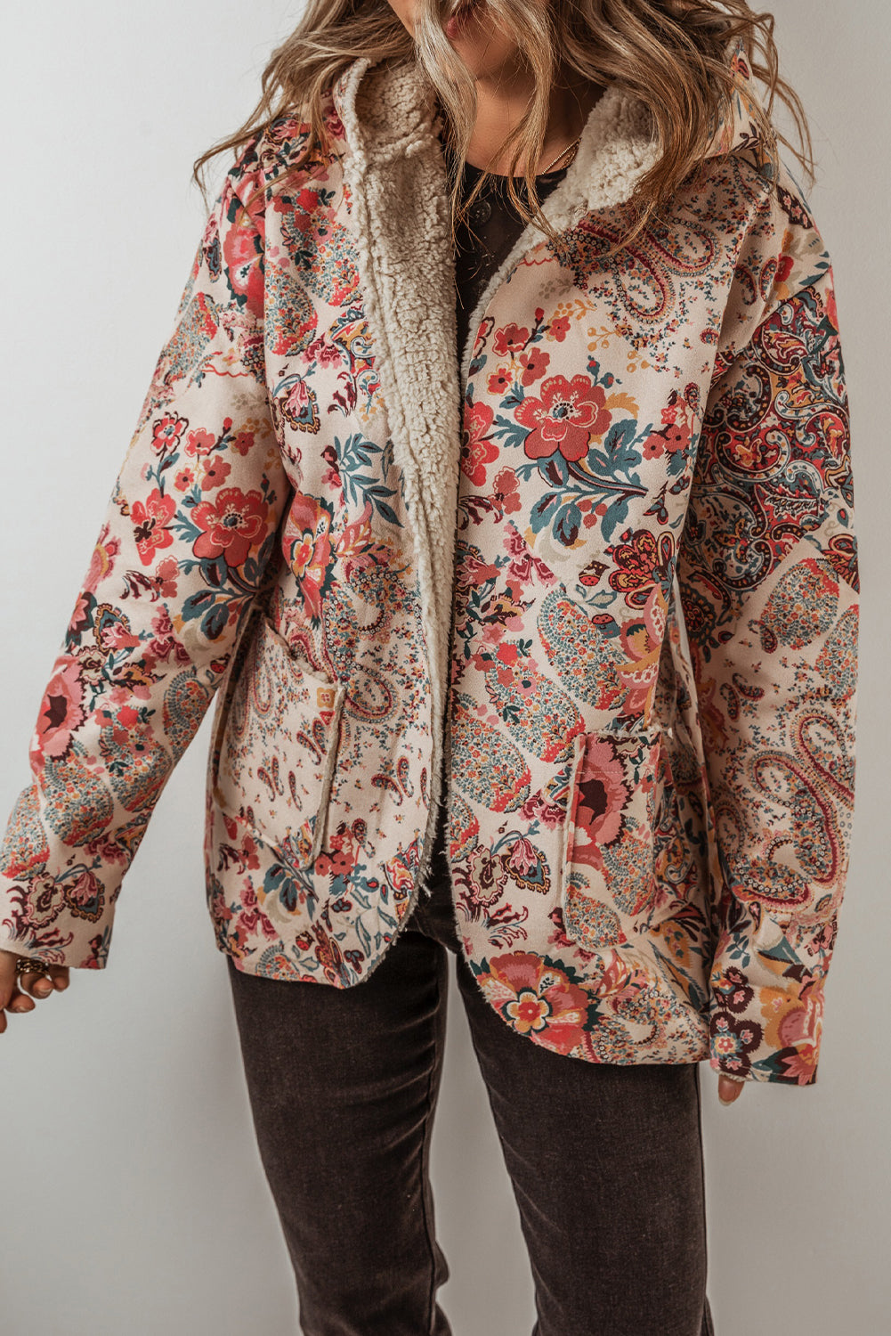 Beige Vintage Paisley Floral Printed Sherpa Lined Hooded Jacket 🇺🇲