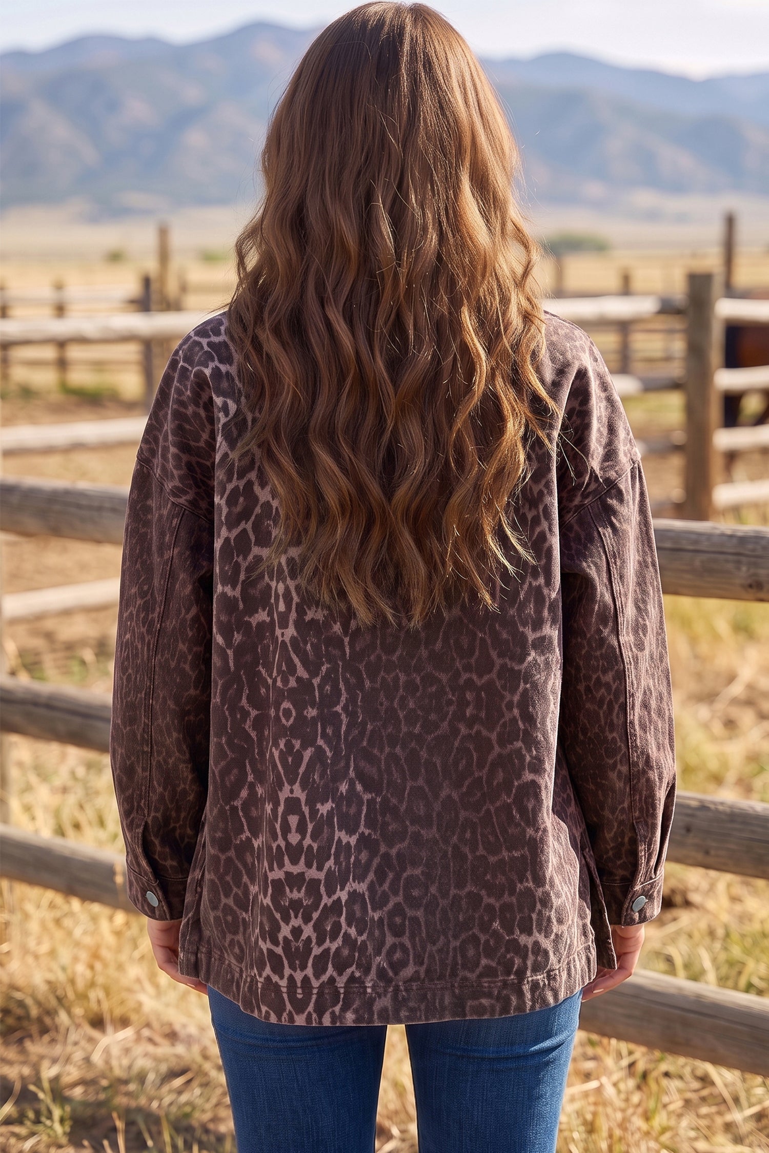 Khaki Oversized Leopard Print Long Sleeve Patch Pocket Denim Jacket 🇺🇸