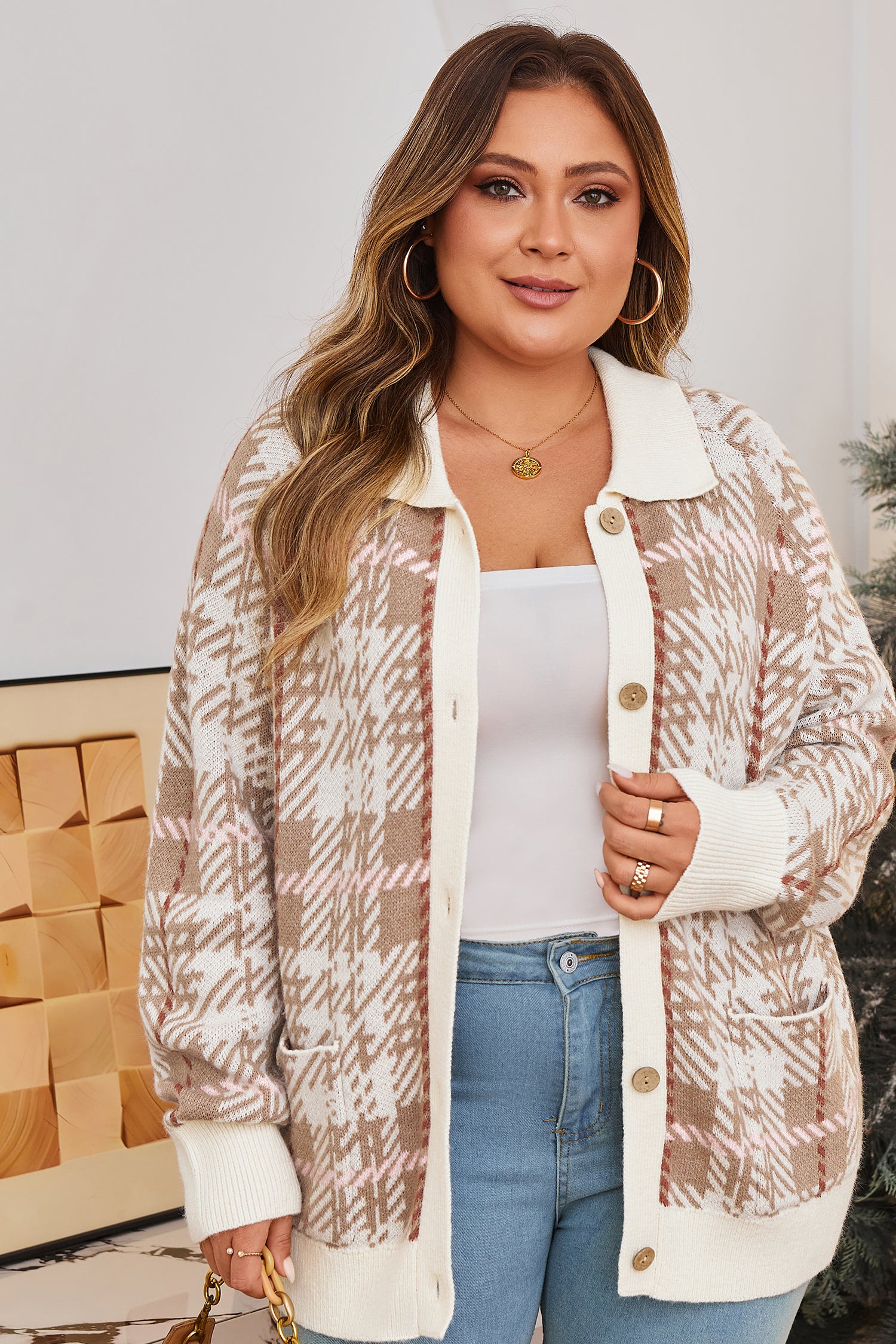 Khaki Vintage Pattern Ribbed Trim Button Front Plus Size Cardigan Sweater 🇺🇸