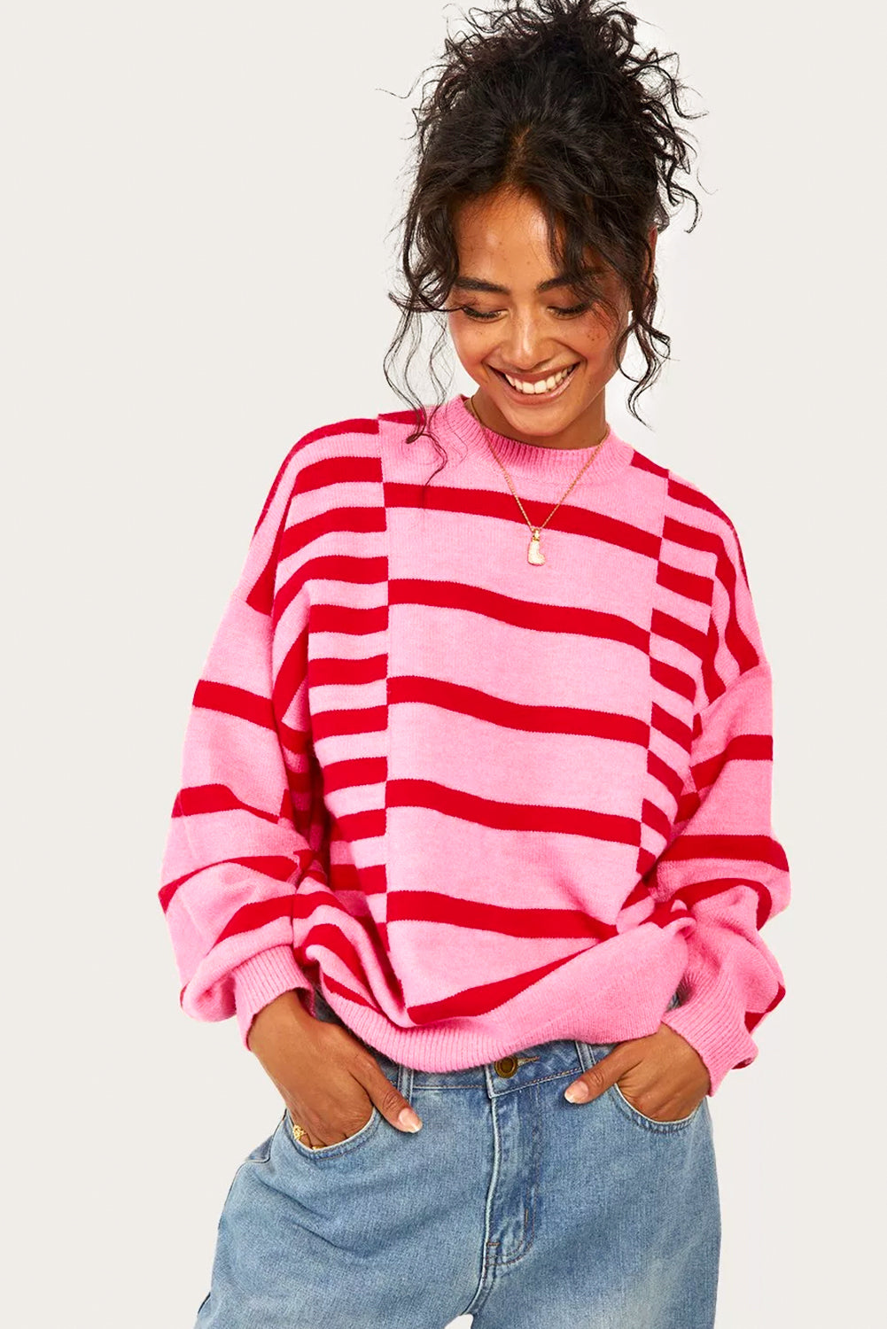 Pink Stripe Bubble Sleeve Drop Shoulder Ribbed Trim Sweater 🇺🇸
