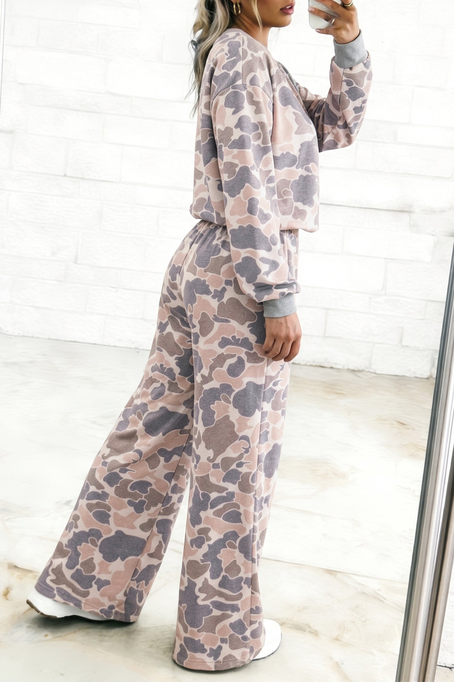 Multicolour Camouflage Print Long Sleeve Top Loose 2pcs Pants Set 🇺🇸