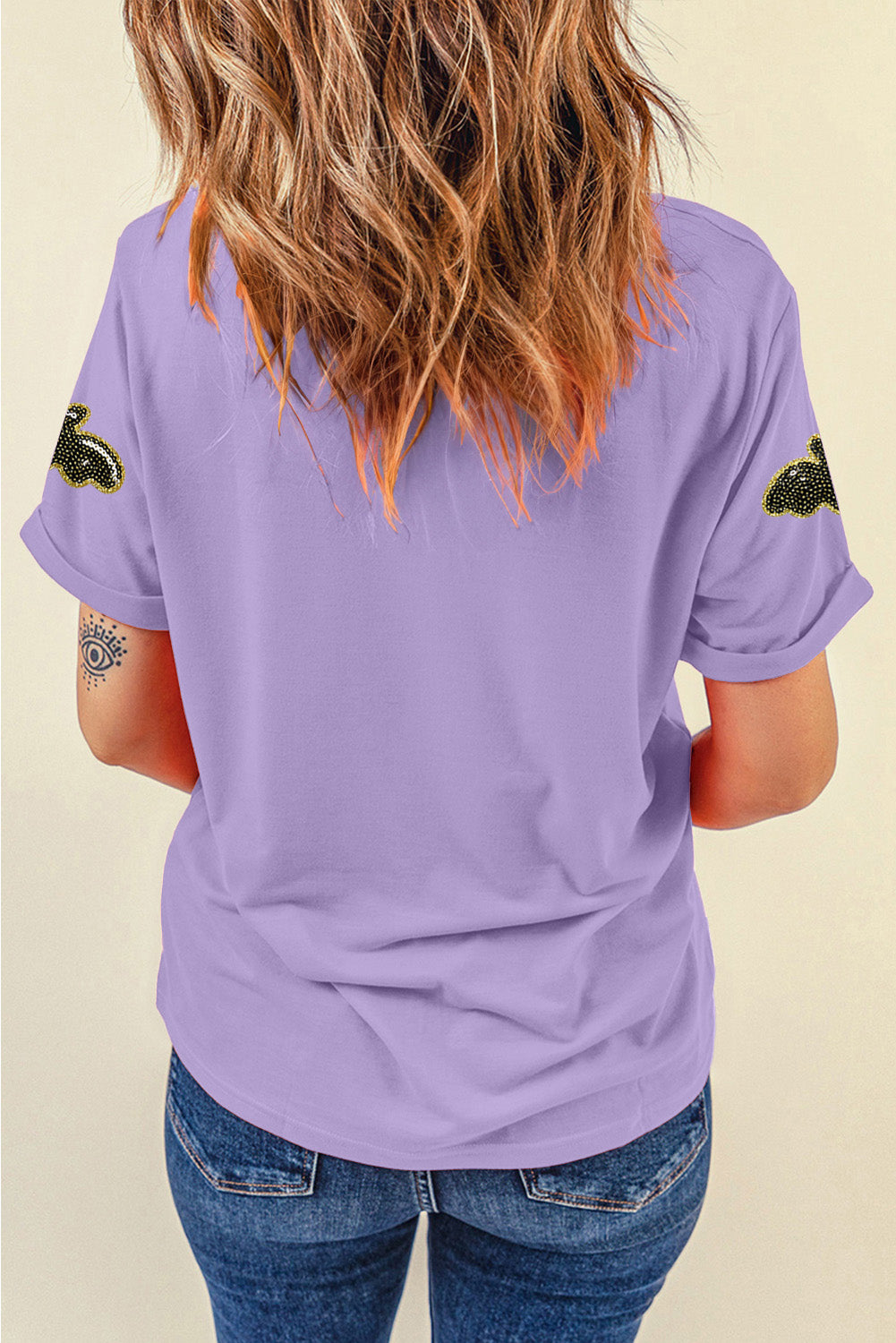Wisteria Sequin Halloween Bat Patched Casual T Shirt 🇺🇸
