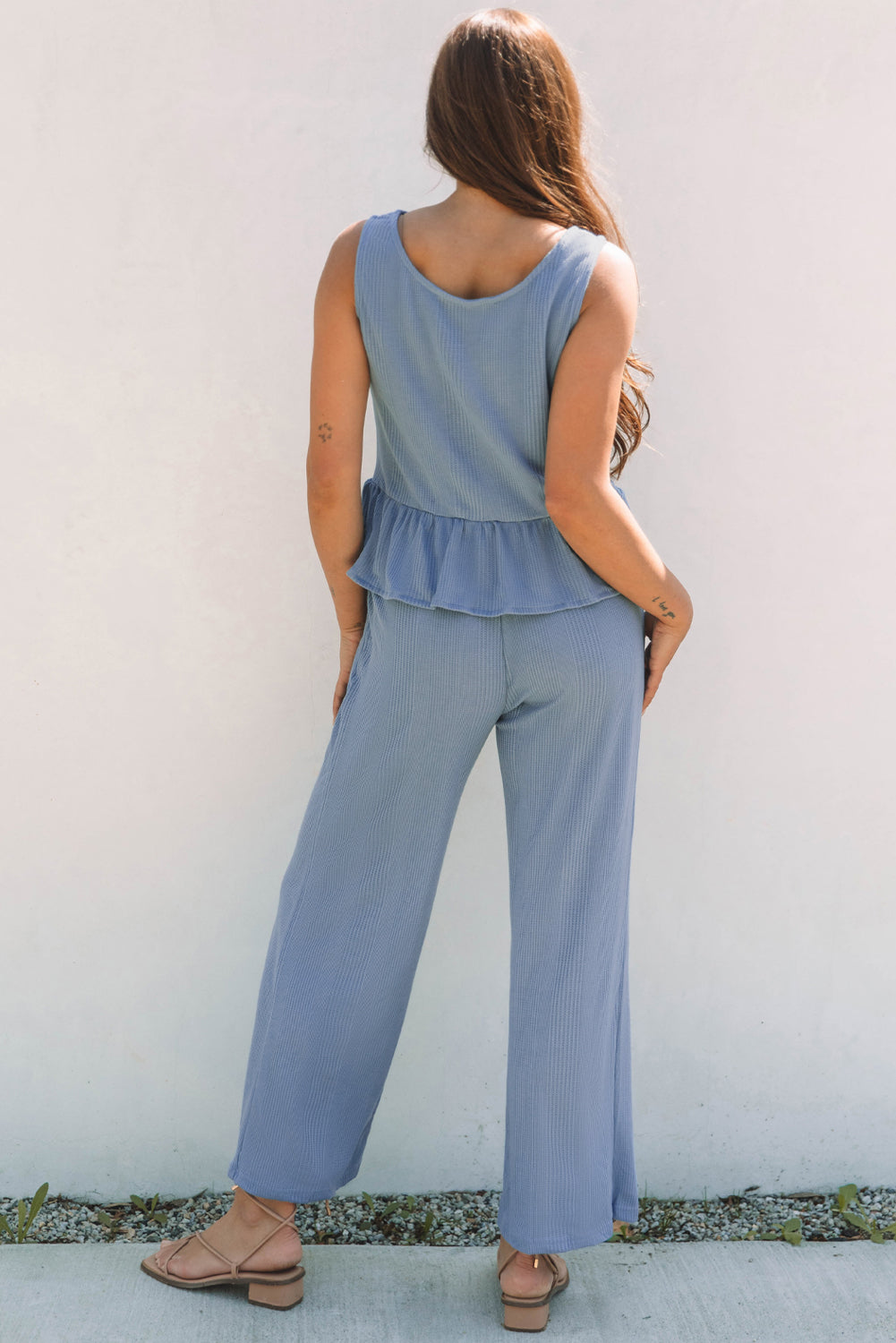 Beau Blue Solid Color Ribbed Ruffle Tank Top and Pants Set 🇨🇳