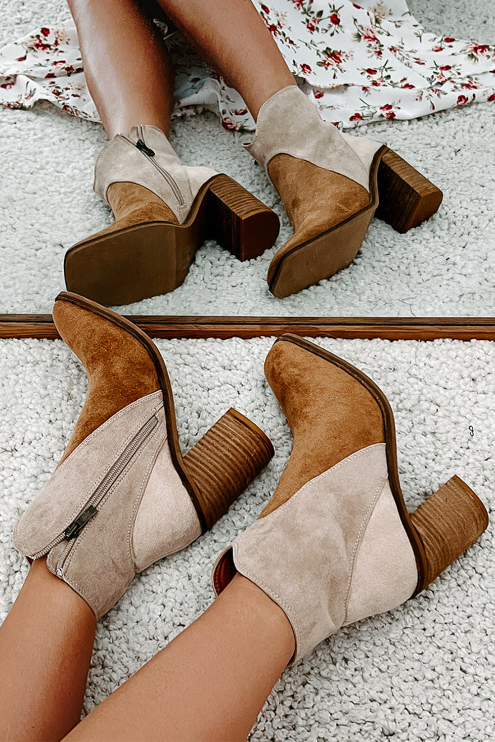 Camel Two Tone Faux Suede Square Toe Chunky Heel Boots 🇺🇸