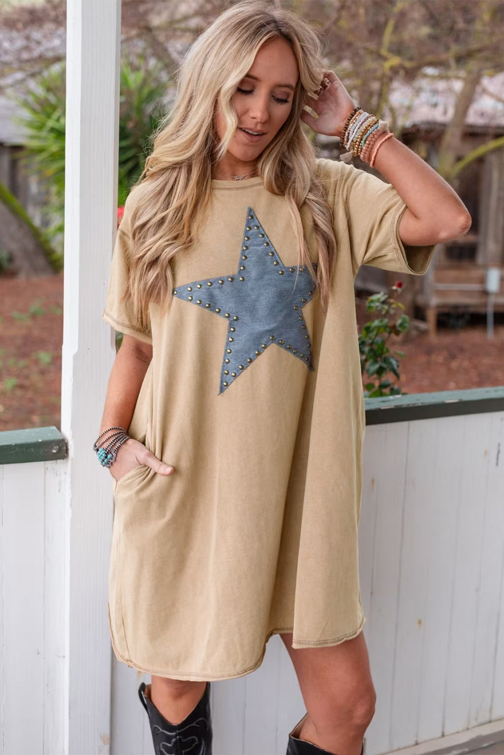 Pale Khaki Mineral Wash Stud Beaded Star Graphic Pocketed T Shirt Dress 🇨🇳
