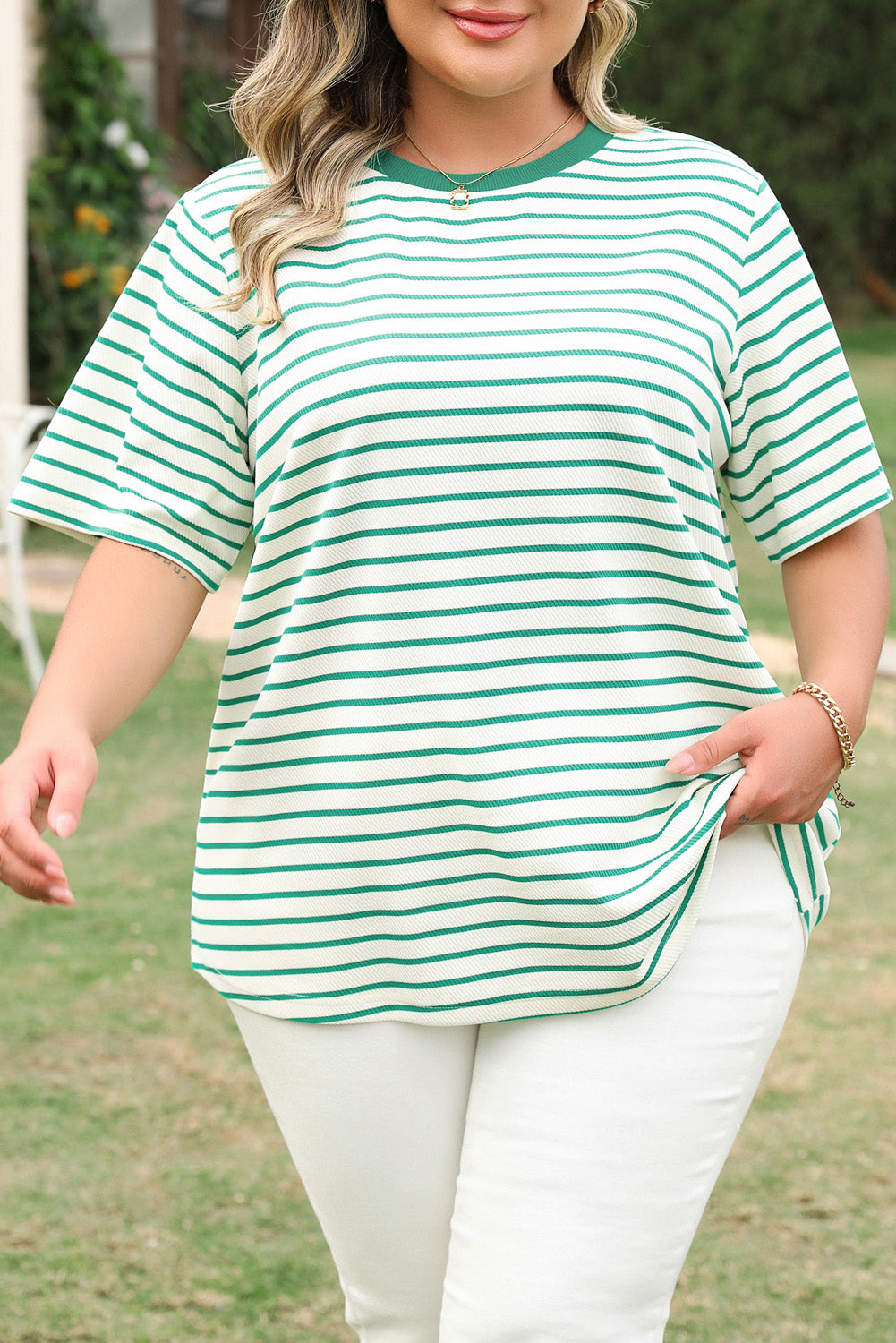 Green Stripe Plus Size Round Neck T Shirt 🇨🇳
