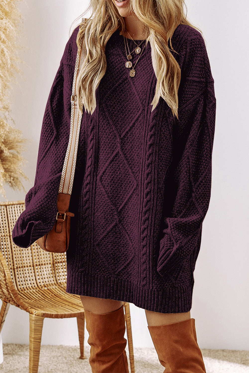 Burgundy Cable Knit Drop Shoulder Loose Fit Sweater Dress 🇺🇸
