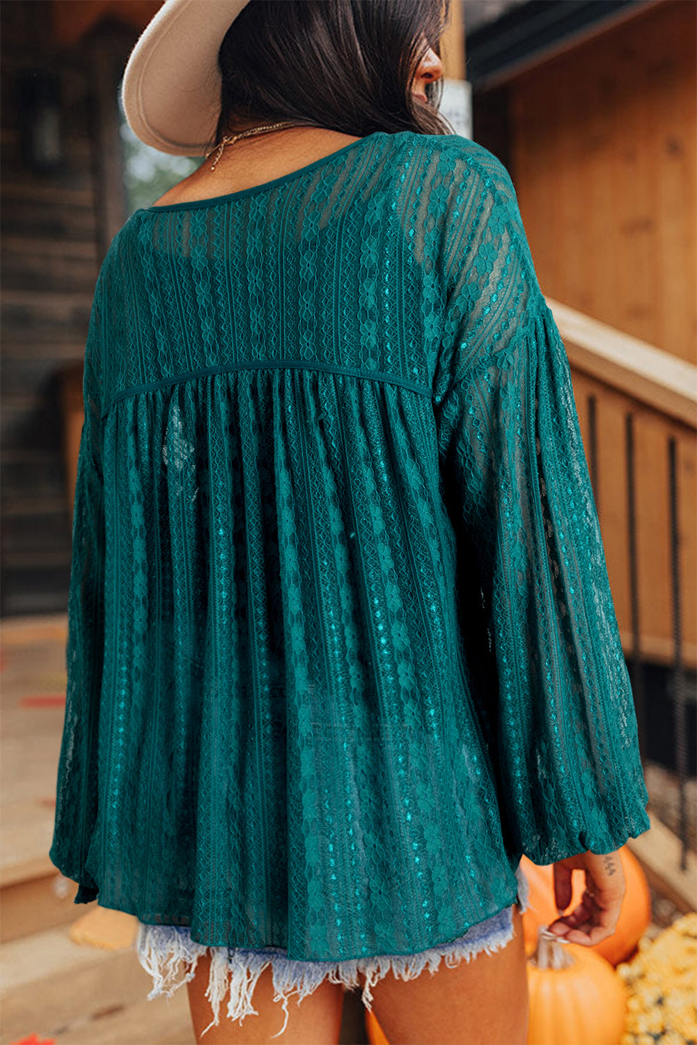 Evergreen Sheer Lace Balloon Sleeve Babydoll Blouse 🇺🇸