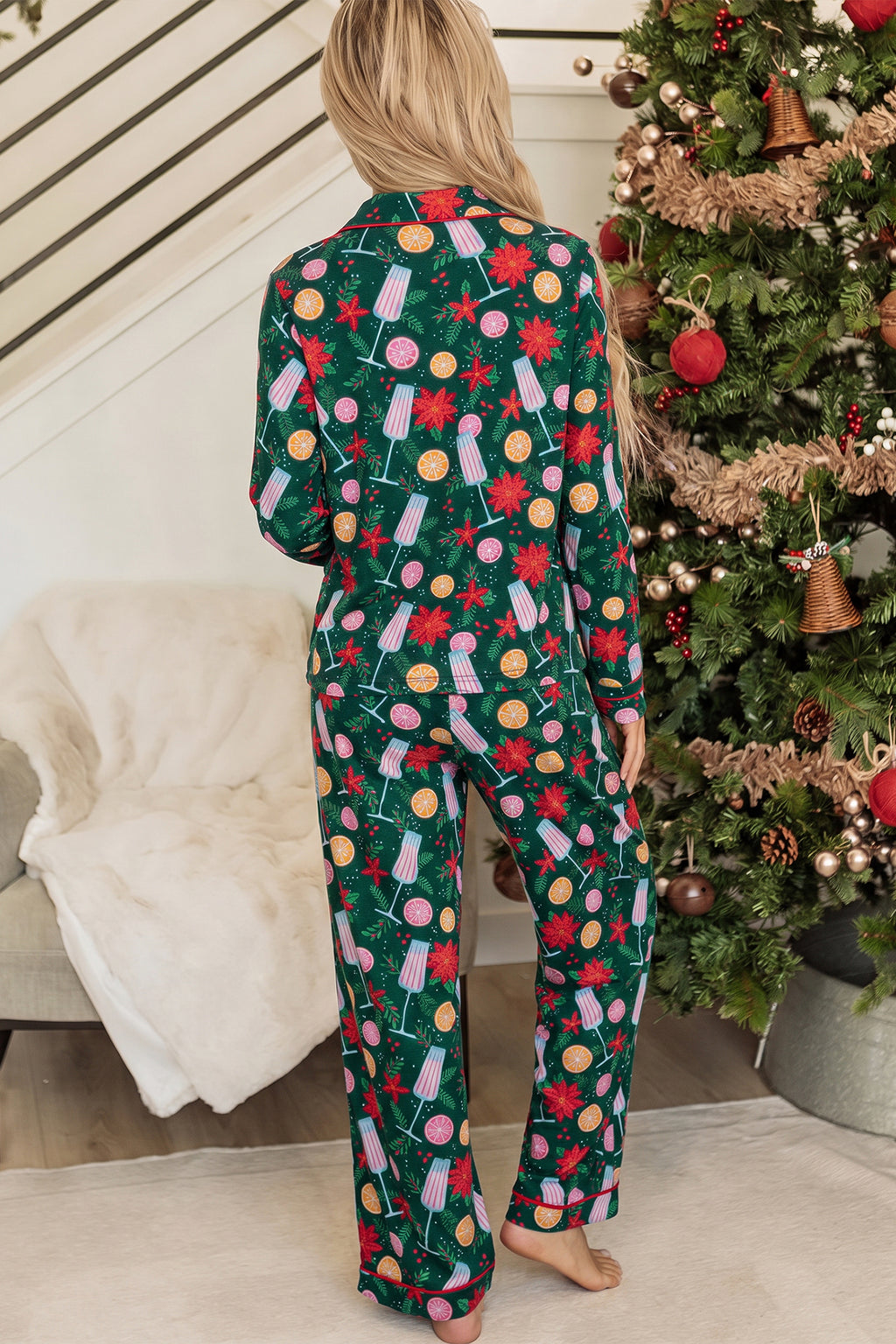Green Holiday Print Pocket Detail Long Sleeve Collar Lounge Set 🇺🇸
