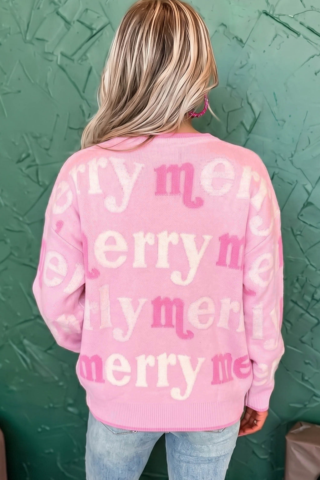 Pink All Over Merry Me Graphic Round Neck Knit Sweater 🇺🇸
