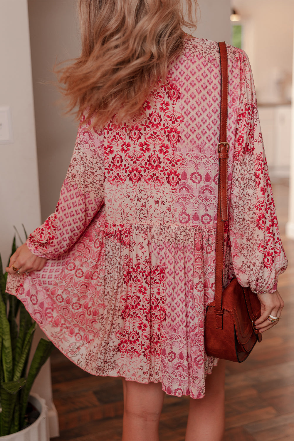 Pink Bohemian Floral Print Tassel Tie Long Sleeve Flowy Mini Dress 🇺🇸