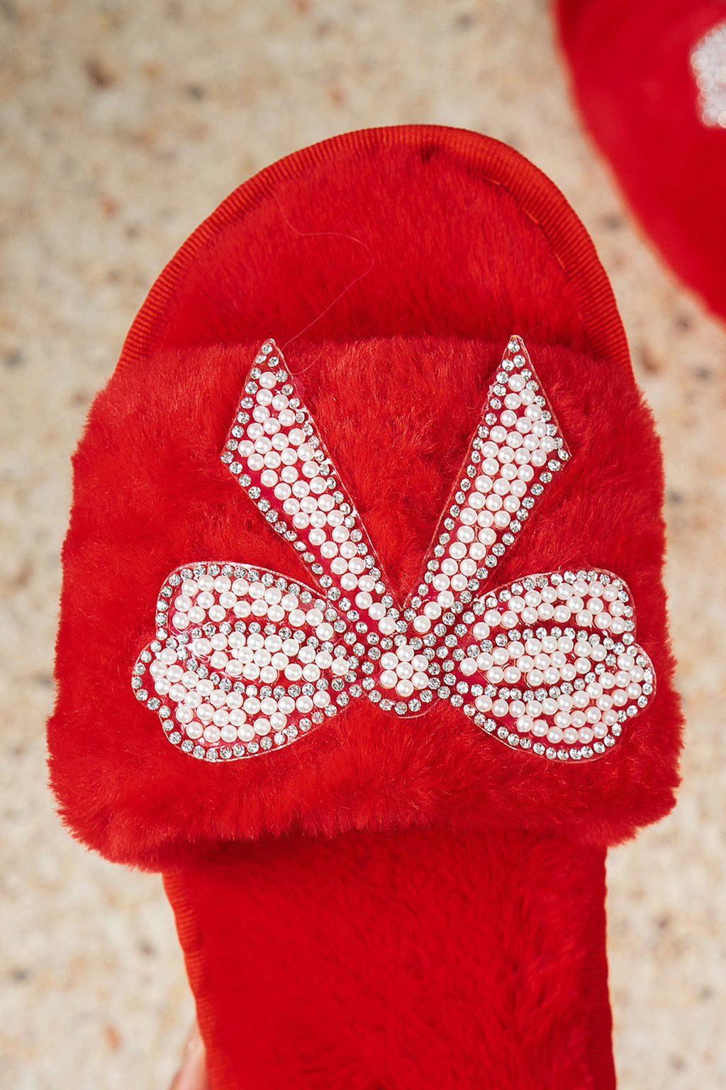 Fiery Red Pearl Rhinestone Embellished Bow Open Toe Plush Slippers 🇺🇸