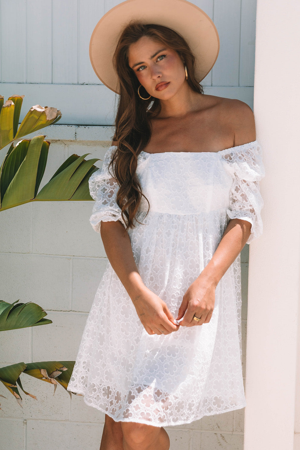 White Floral Lace Puff Sleeve Empire Waist Mini Dress 🇨🇳