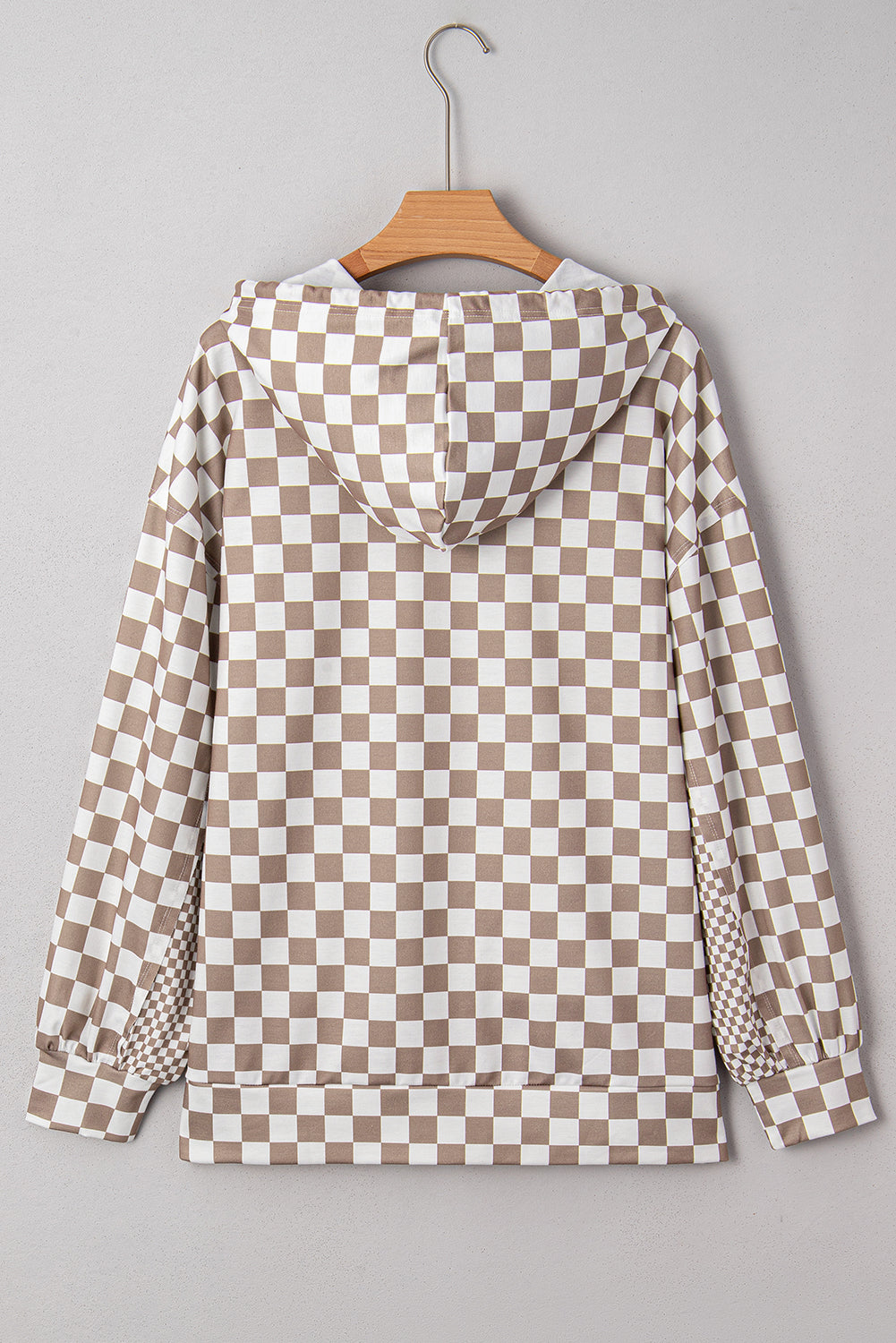 Khaki Double Checkered Patchwork Tie Neck Oversize Hoodie 🇺🇸