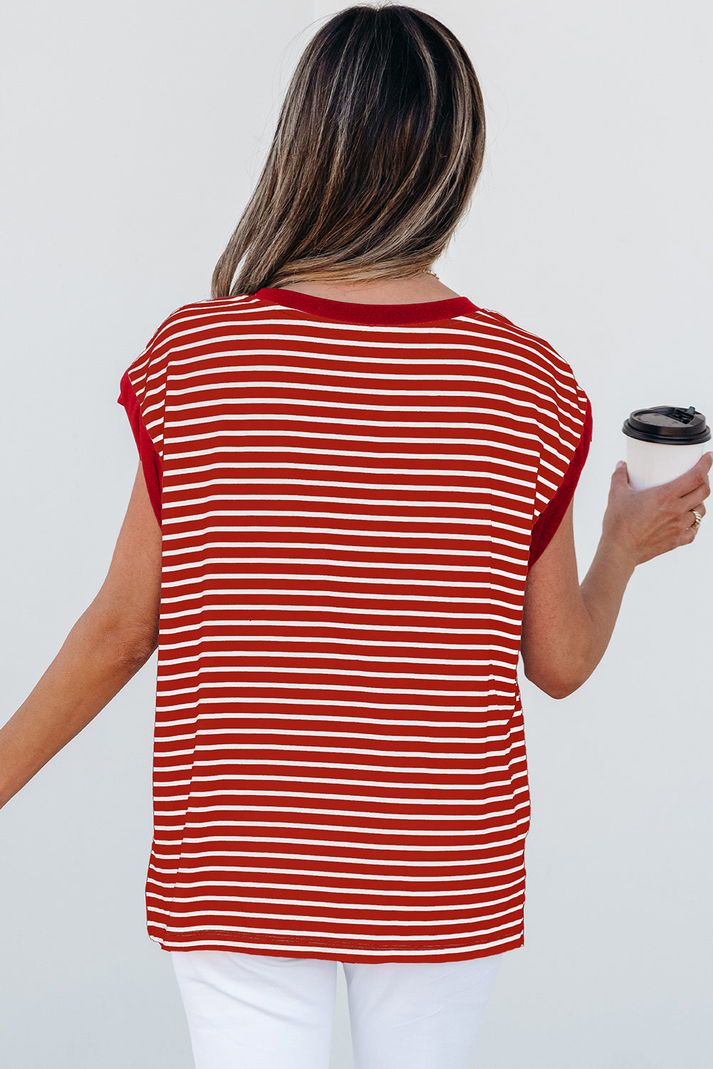 Red Stripe Chest Pocket Patch Round Neck Tank Top 🇨🇳
