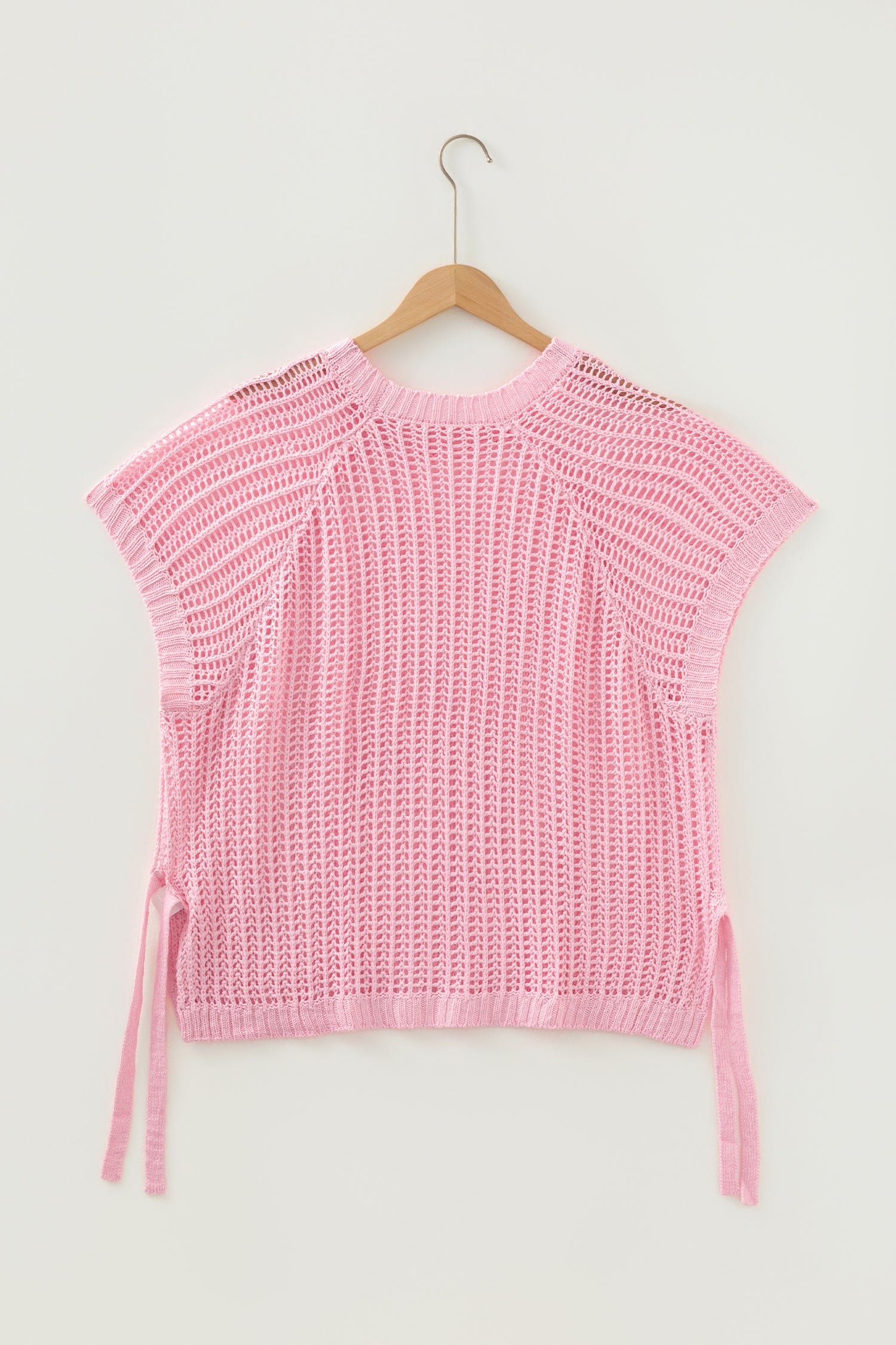 Pink Plus Size Open Knit Bow Tie Short Sleeve Sweater 🇺🇸