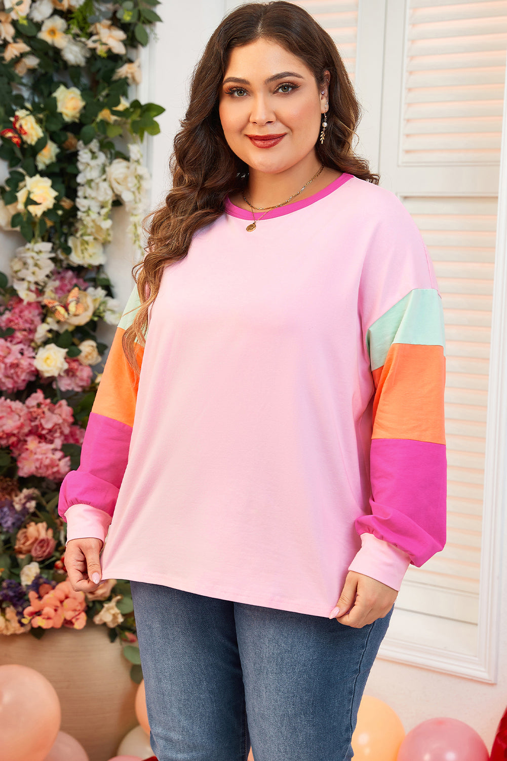 Pink Colorblock Patchwork Long Sleeve Plus Size Top 🇨🇳