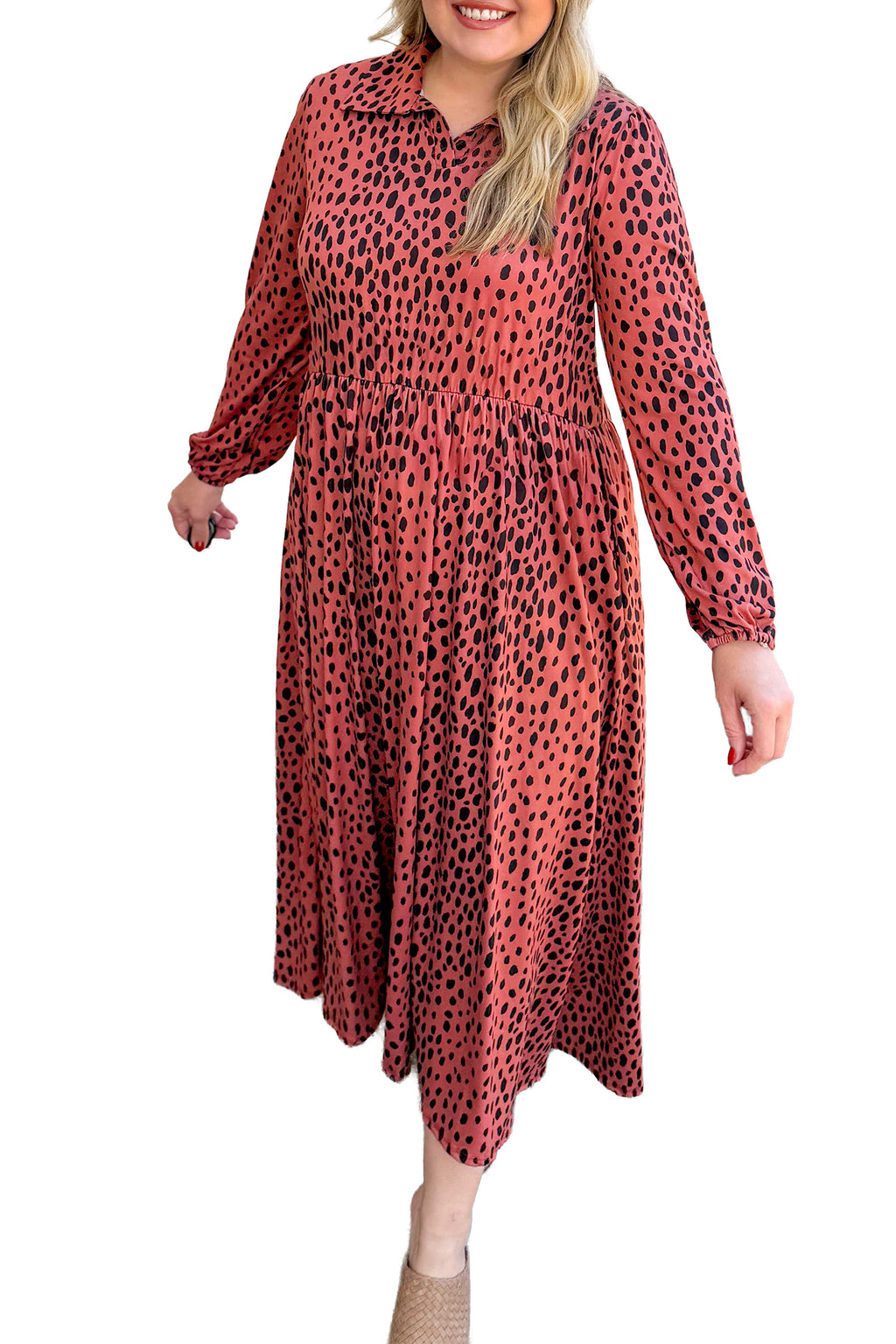Red Leopard Print Long Sleeve V Neck Plus Size Midi Dress 🇺🇸