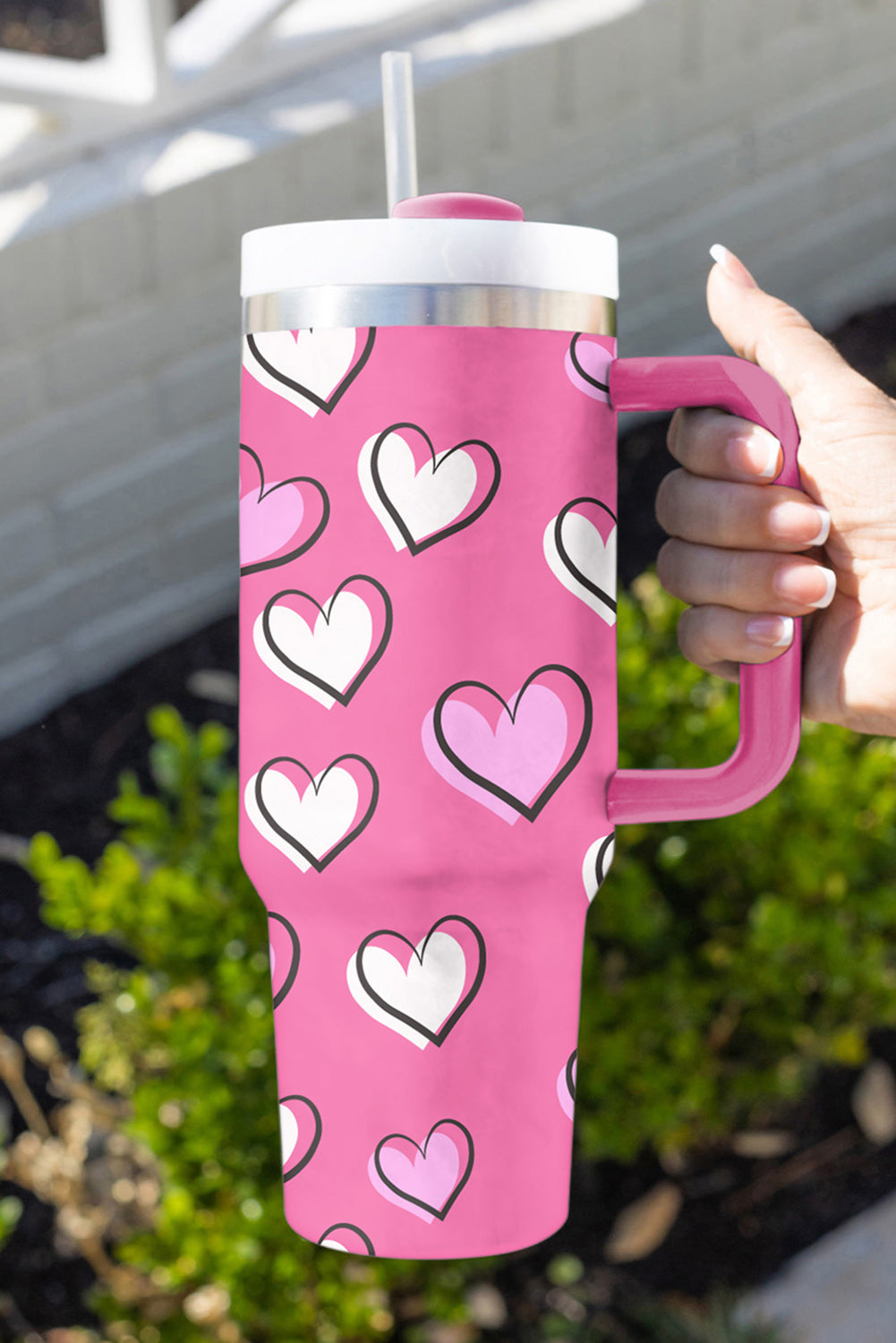 Rose Red Heart Printed Thermos Cup with Handle 40oz 🇺🇸