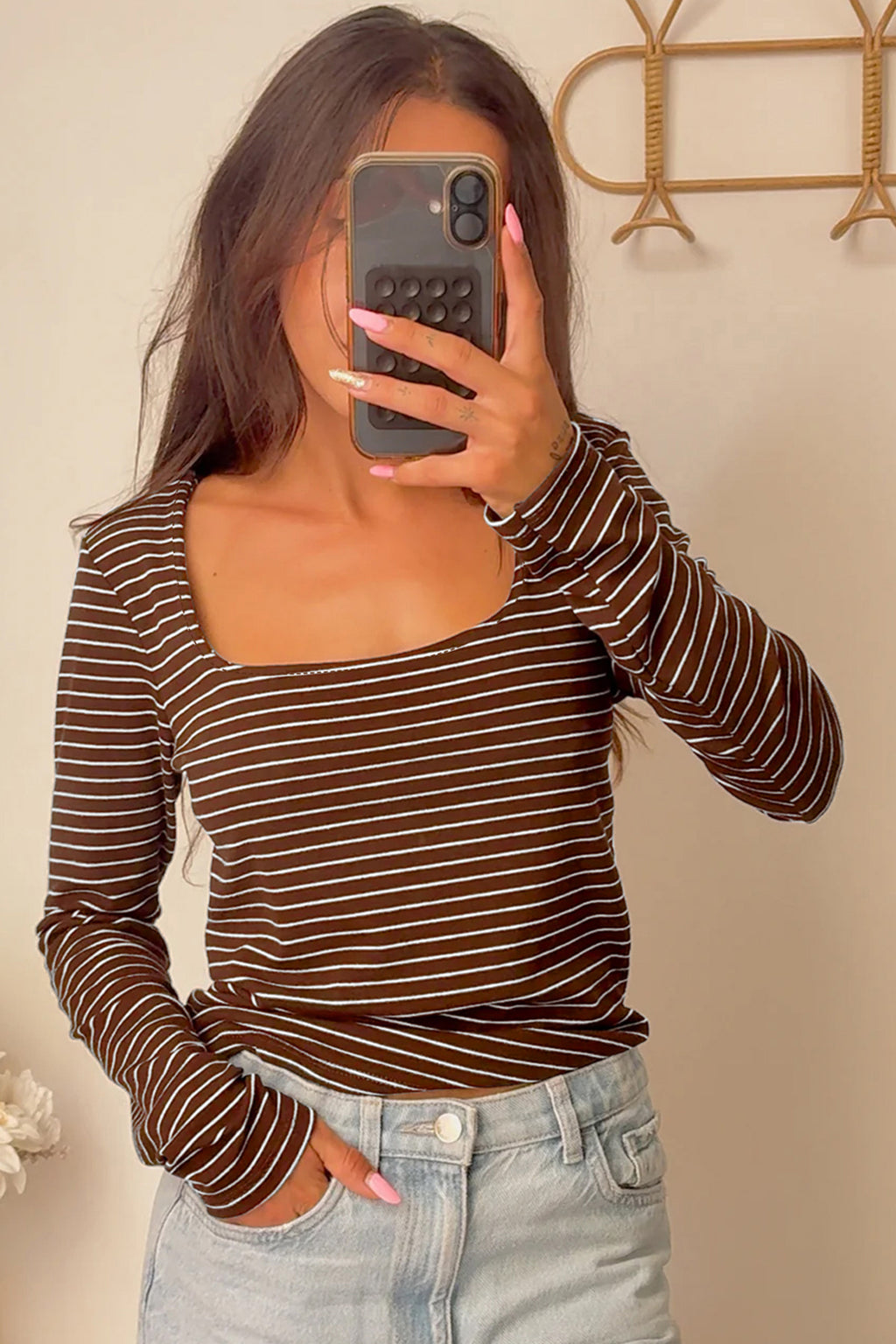 Brown Stripe Square Neck Long Sleeve Top 🇺🇸