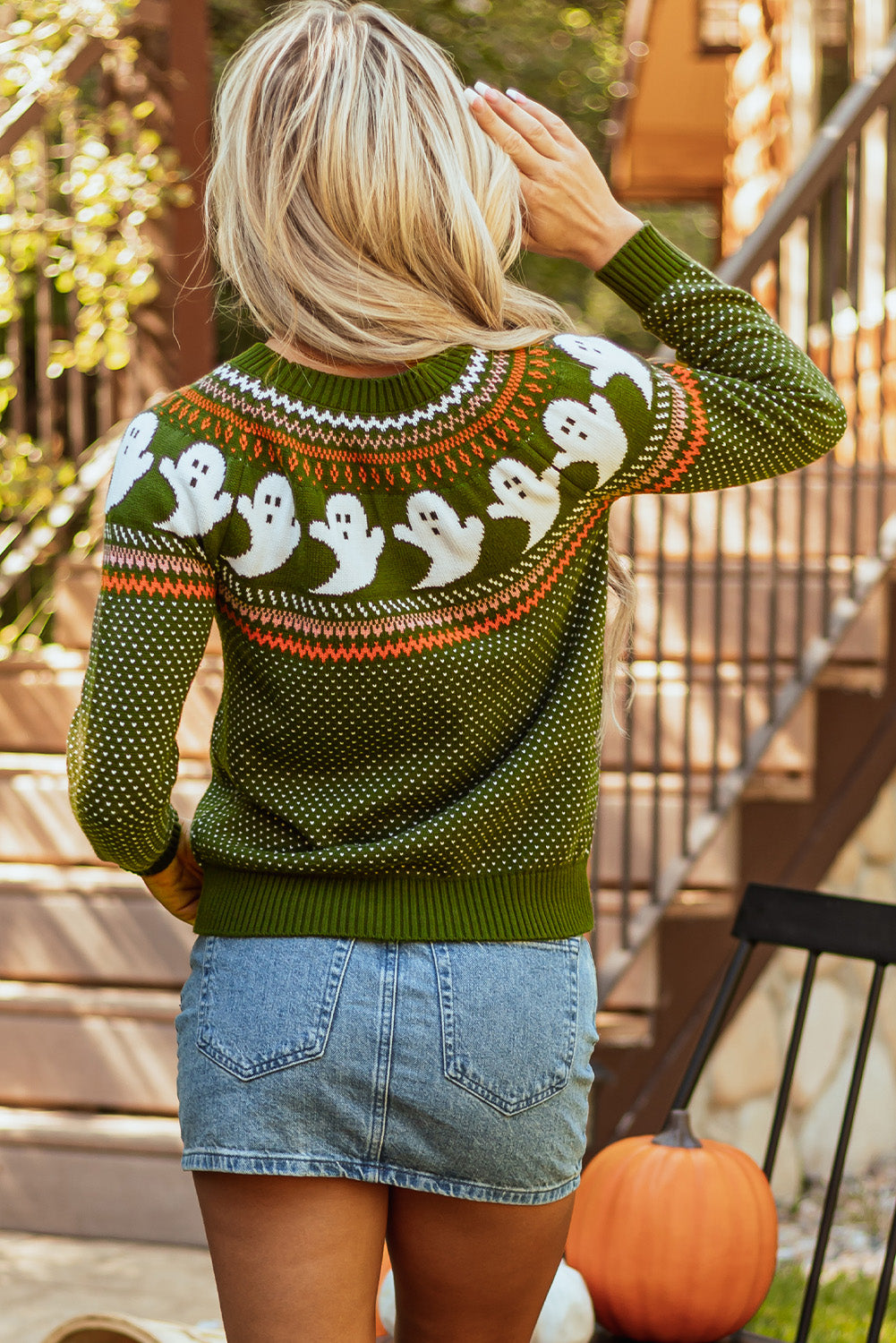 Jungle Green Halloween Ghost Pattern Drop Shoulder Sweater 🇺🇸