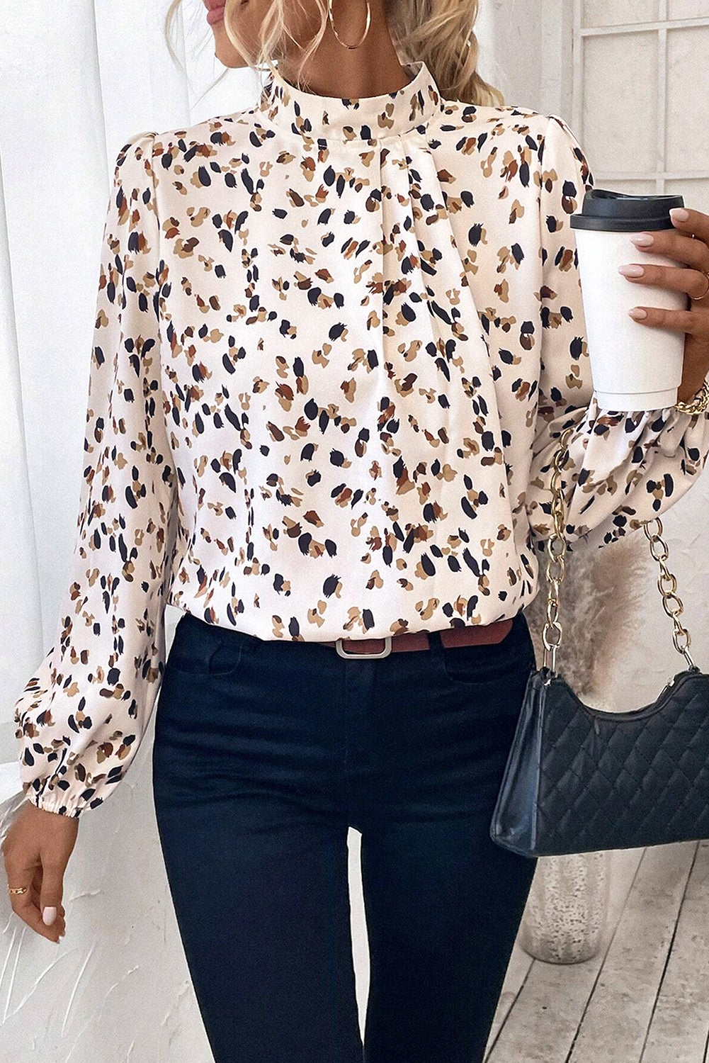 White Leopard Print Lantern Sleeve Mock Neck Pleated Blouse 🇺🇸