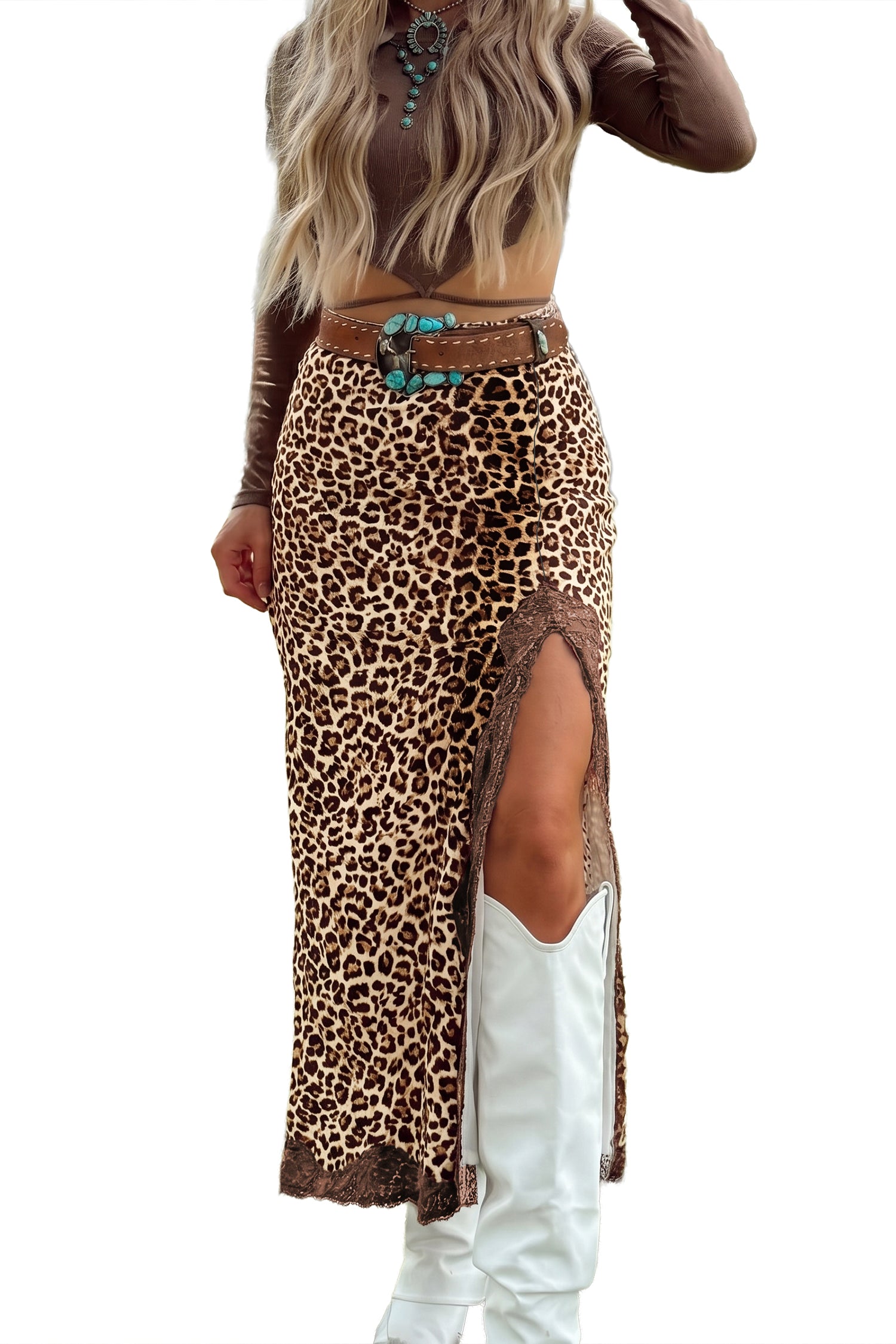Multicolour Cheetah Print Trim Split Long Western Skirt 🇺🇸