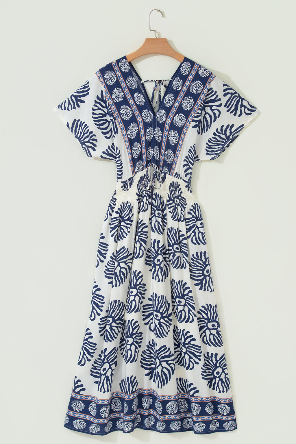 Blue Boho Floral Print Contrast Patchwork V Neck Dolman Maxi Dress 🇺🇸