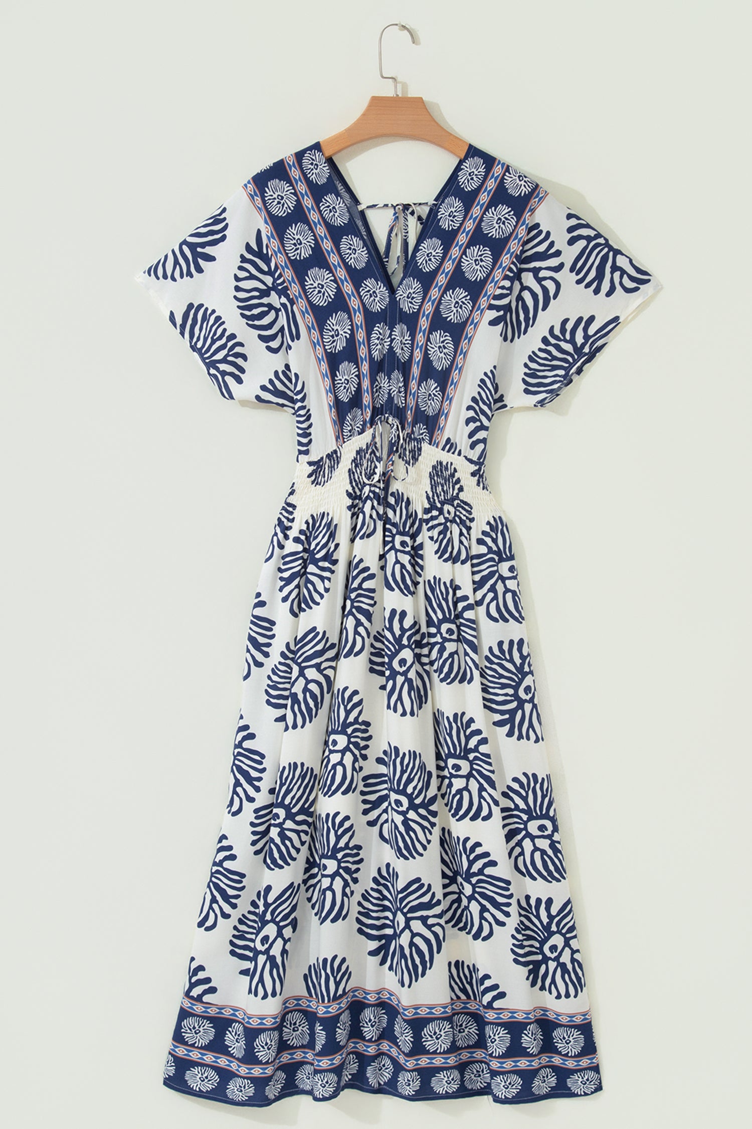 Blue Boho Floral Print Contrast Patchwork V Neck Dolman Maxi Dress 🇺🇸