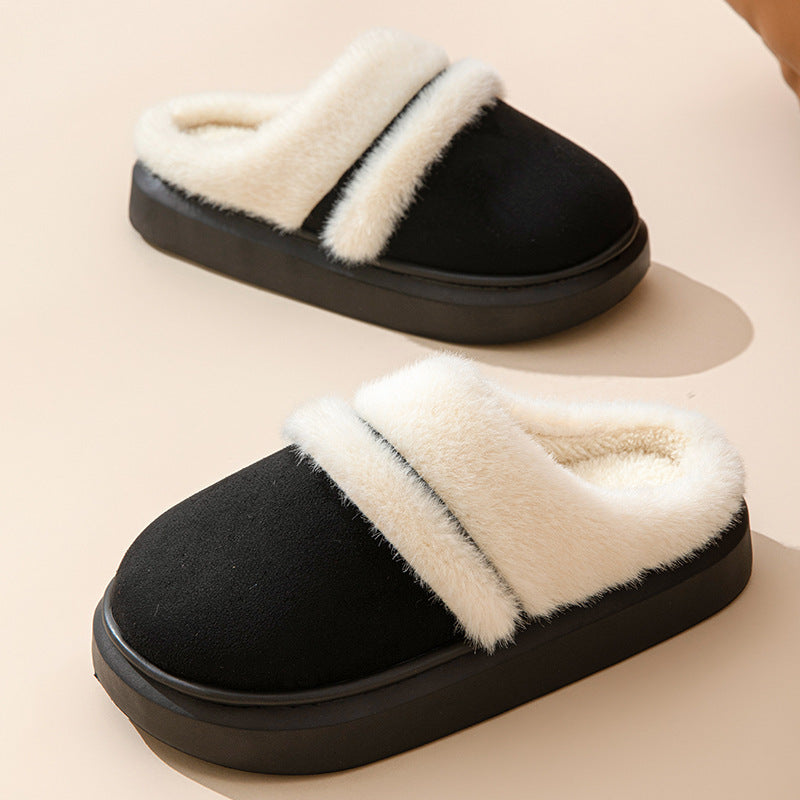 Fashion Warm Cotton Slippers For Women Leisure Thick Bottom Non-slip Plus-velvet House Shoes Winter Bedroom Floor Suede Slipper 🇨🇳