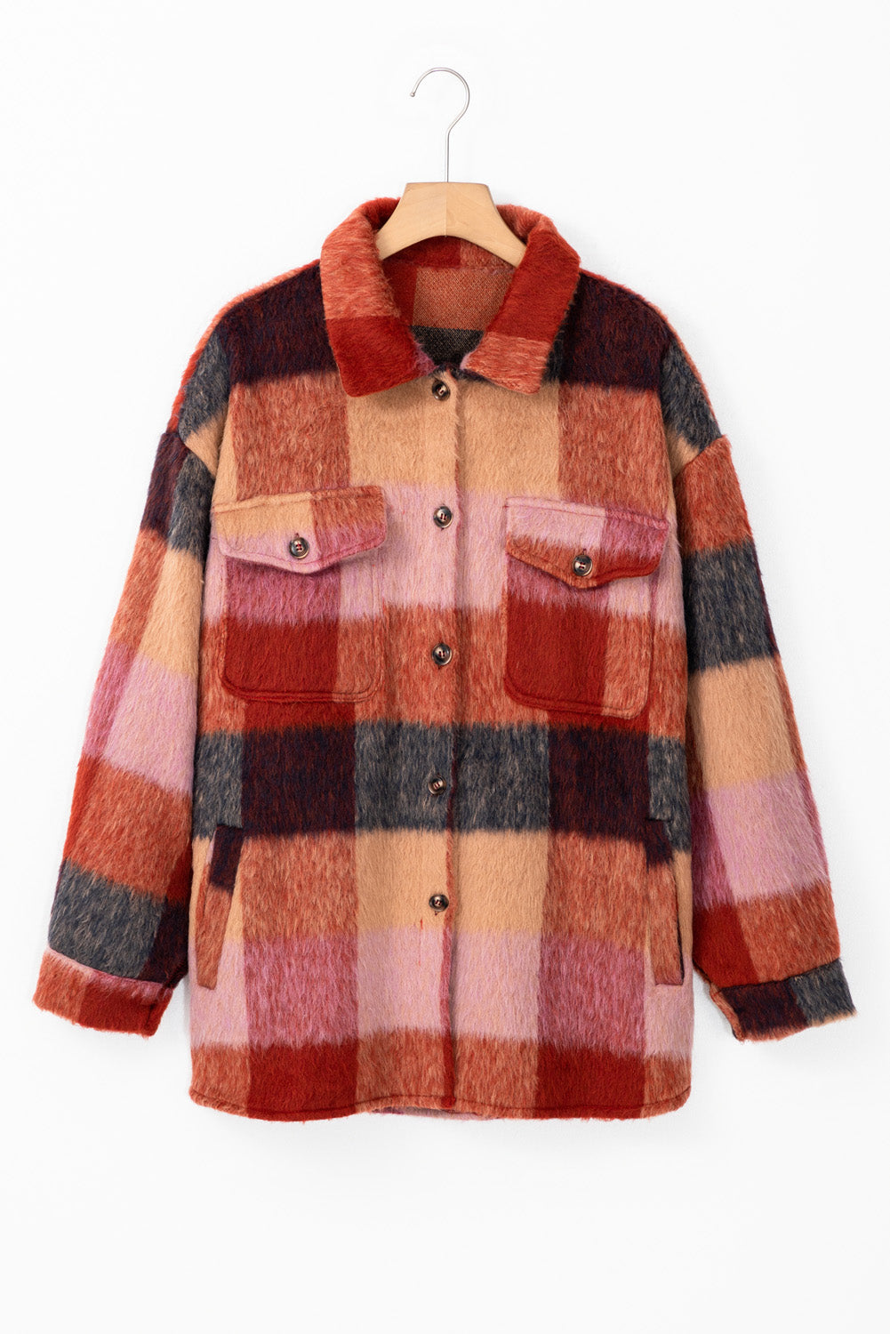 Orange Plaid Print Flap Pockets Buttoned Casual Plus Size Jacket 🇺🇸