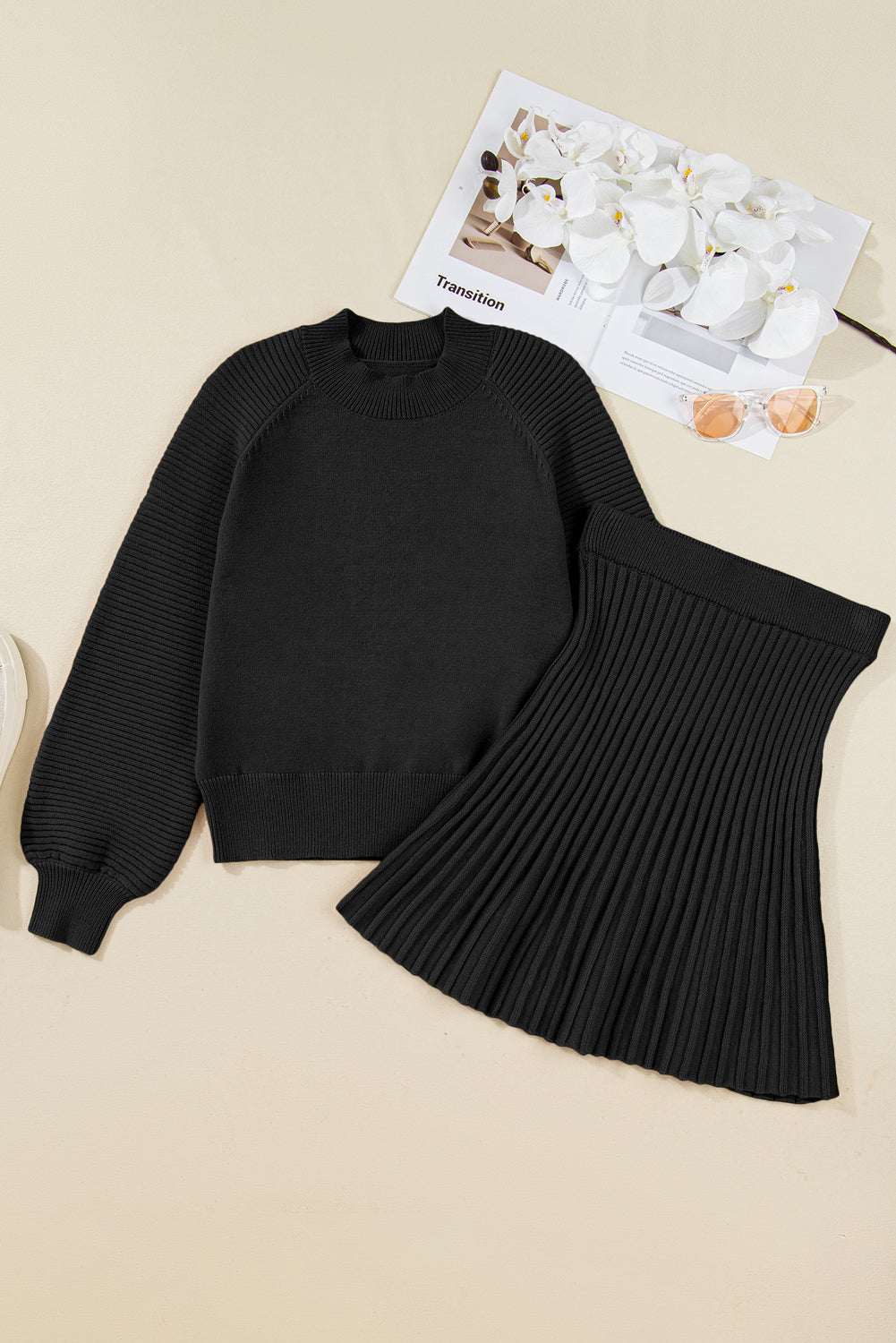 Black High Neck Puff Sleeve Sweater Pleated Mini Skirt 2pcs Knitted Outfit 🇺🇸