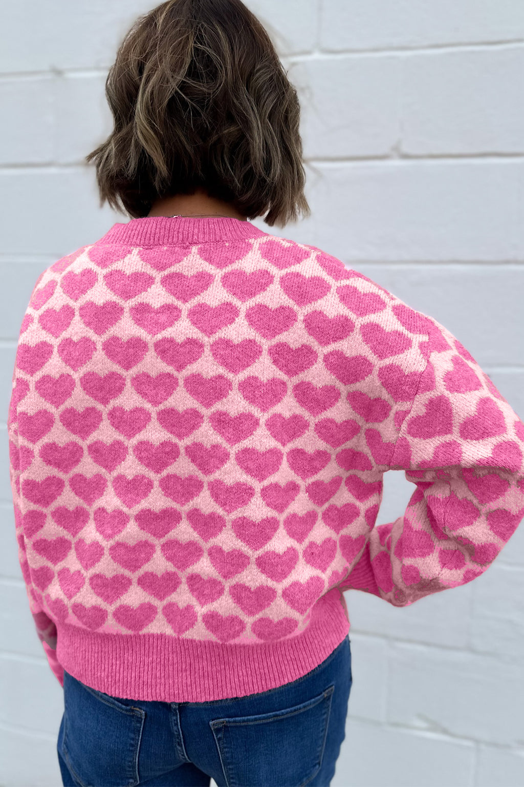 Pink Heart Pattern Drop Shoulder Long Sleeve Button Front Cardigan 🇺🇸