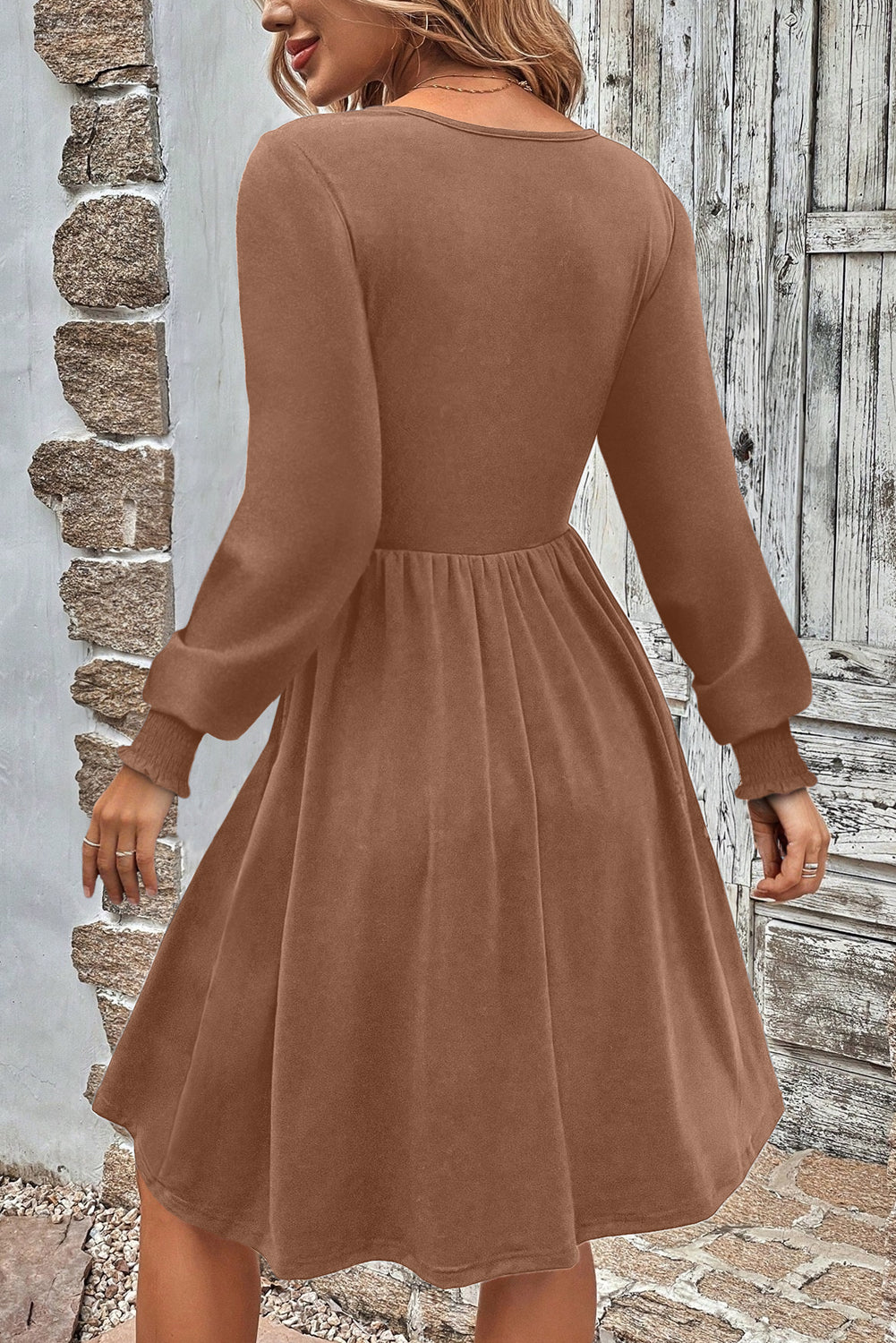 Chestnut Shirred Cuff Long Sleeve Button Round Neck Mini Dress 🇺🇸
