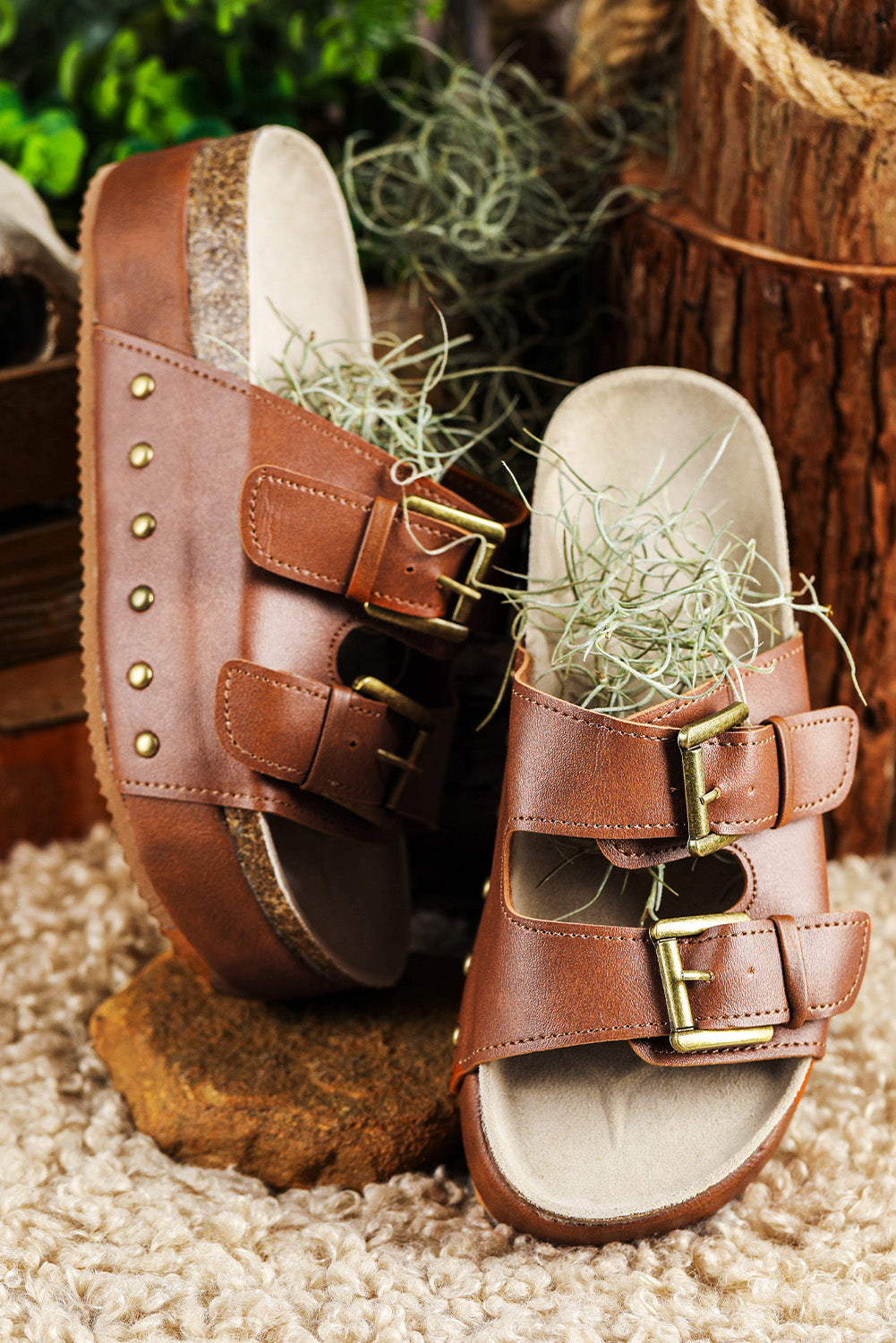 Chestnut Dual Buckle Studded Platform Sandal Slippers 🇨🇳