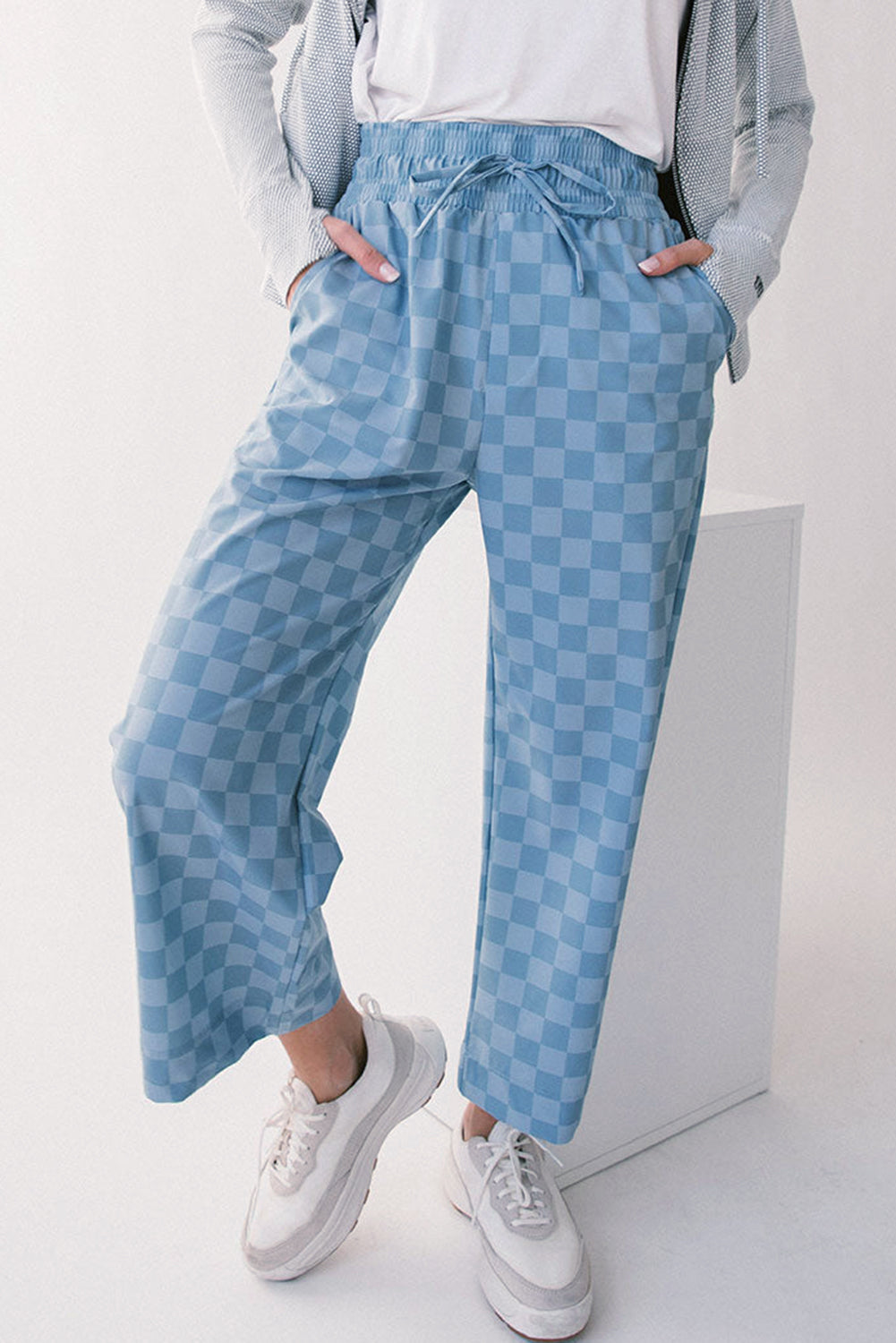 Sky Blue Checkered Elastic High Waist Loose Casual Pants 🇨🇳