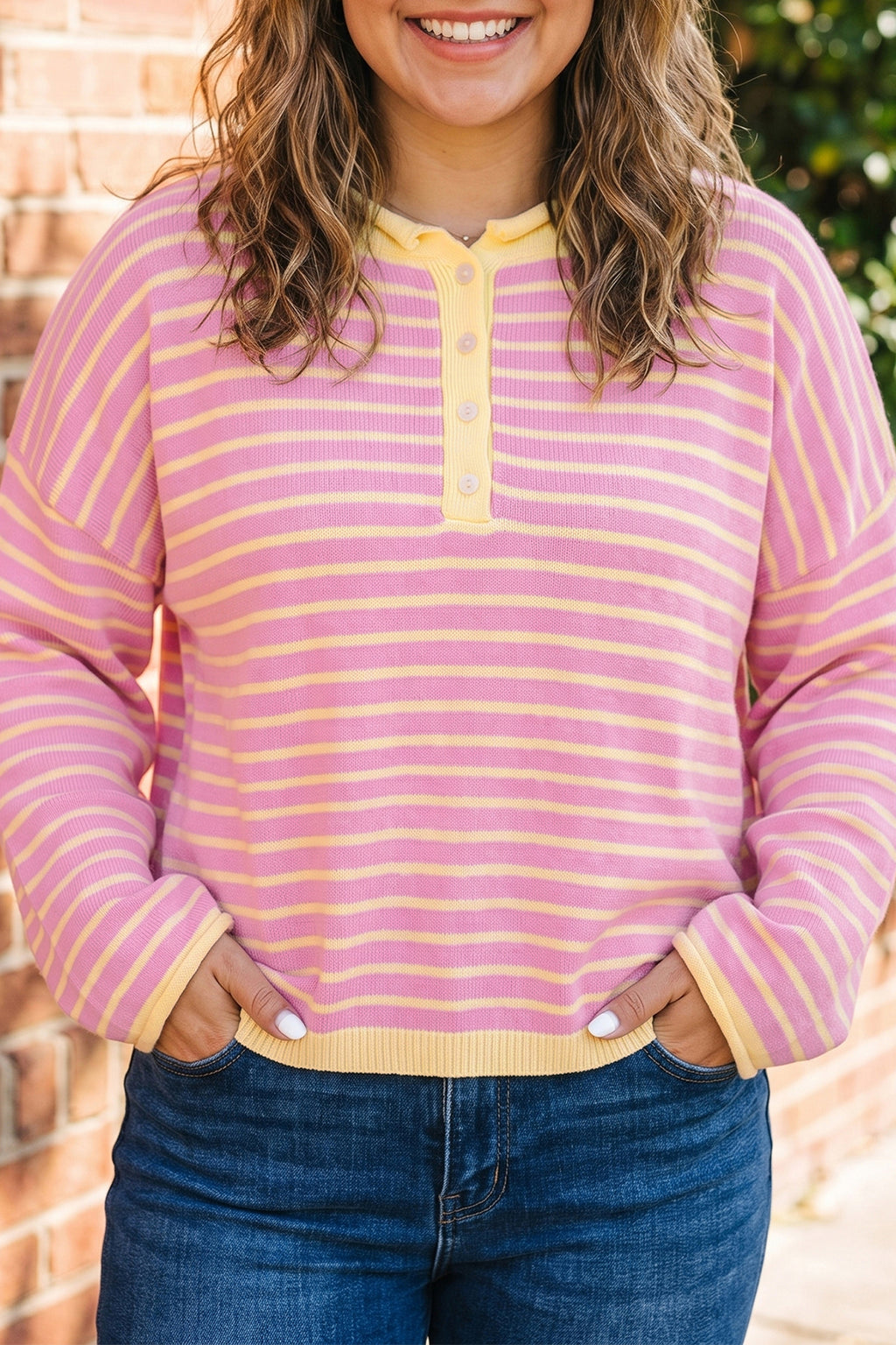 Pink Stripe Striped Colorblock Long Sleeve V Neck Shift Plus Size Sweater 🇺🇸
