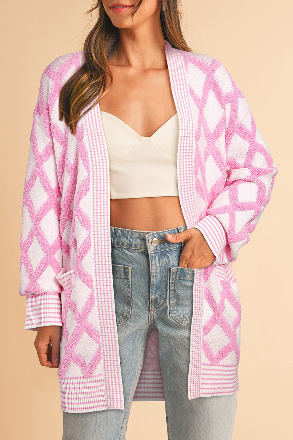 Pink Rhombus Pattern Knit Open Front Pocketed Cardigans 🇺🇲
