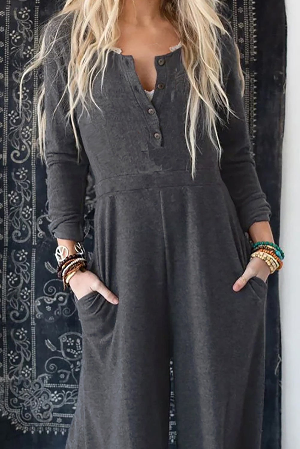 Gray Button Long Sleeve Wide Leg Jumpsuit 🇺🇸